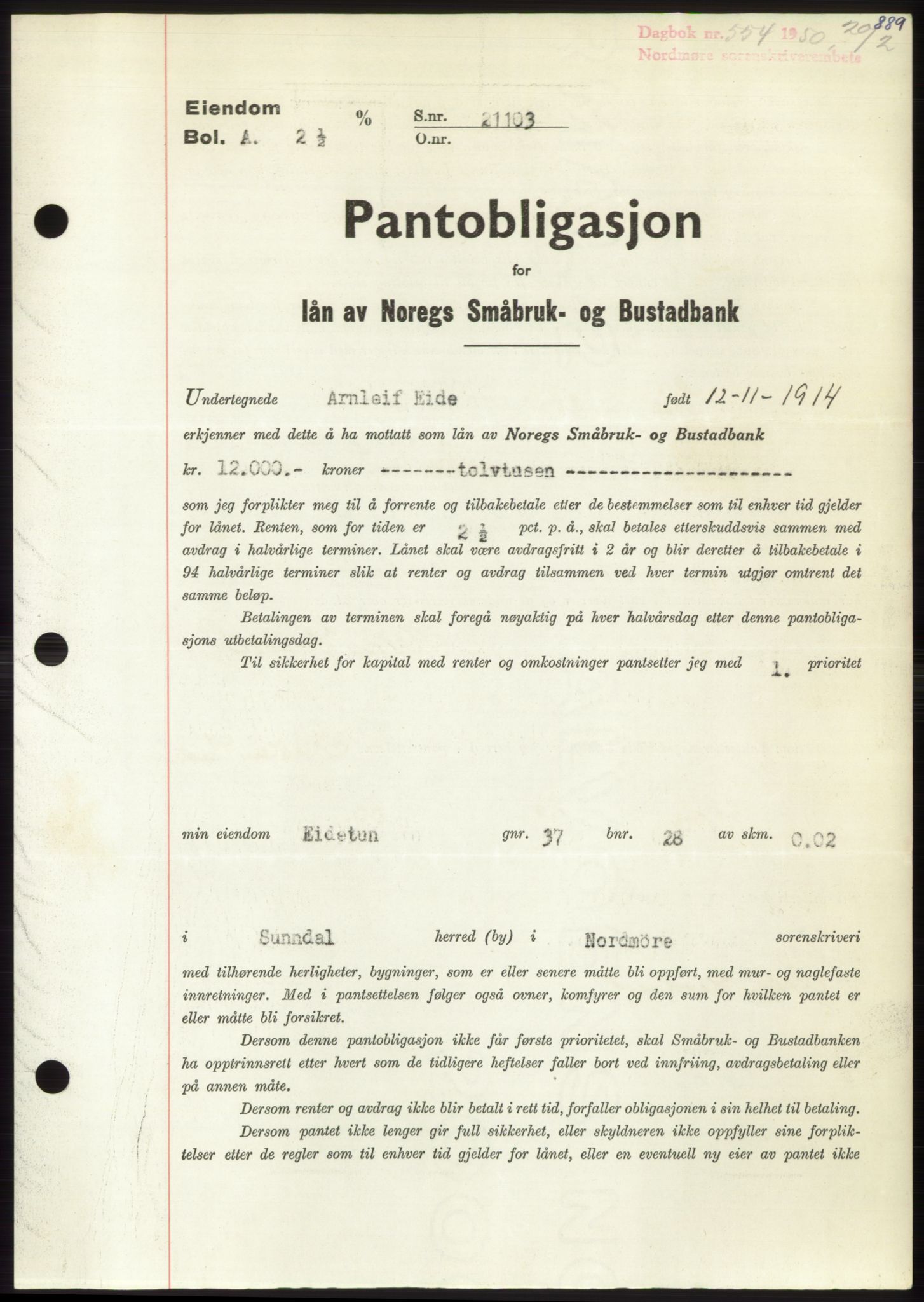 Nordmøre sorenskriveri, SAT/A-4132/1/2/2Ca: Pantebok nr. B103, 1949-1950, Dagboknr: 554/1950
