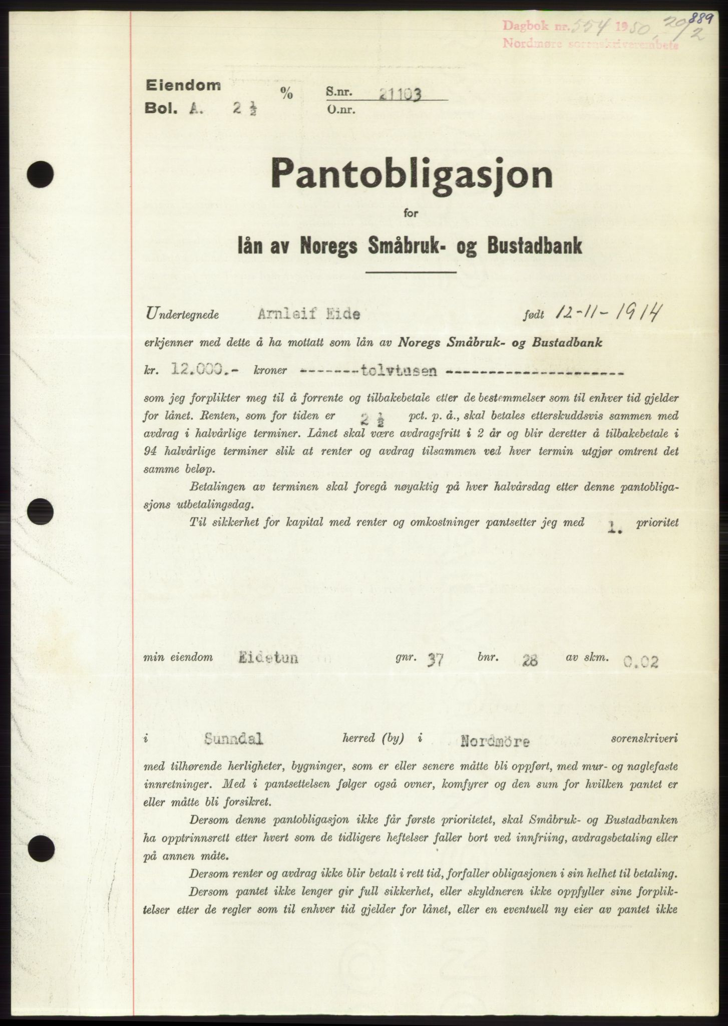 Nordmøre sorenskriveri, AV/SAT-A-4132/1/2/2Ca: Pantebok nr. B103, 1949-1950, Dagboknr: 554/1950