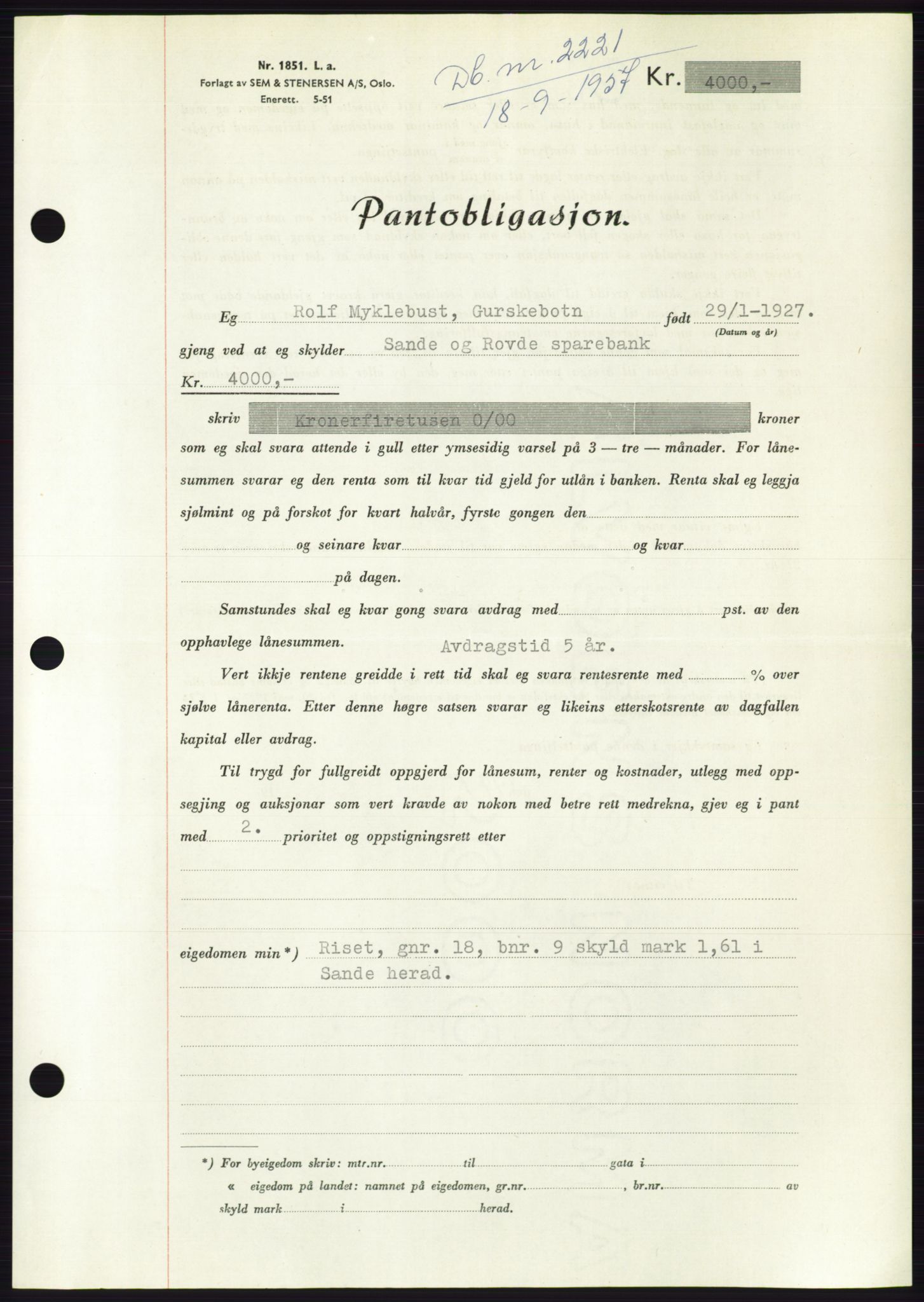 Søre Sunnmøre sorenskriveri, AV/SAT-A-4122/1/2/2C/L0130: Pantebok nr. 18B, 1957-1958, Dagboknr: 2221/1957