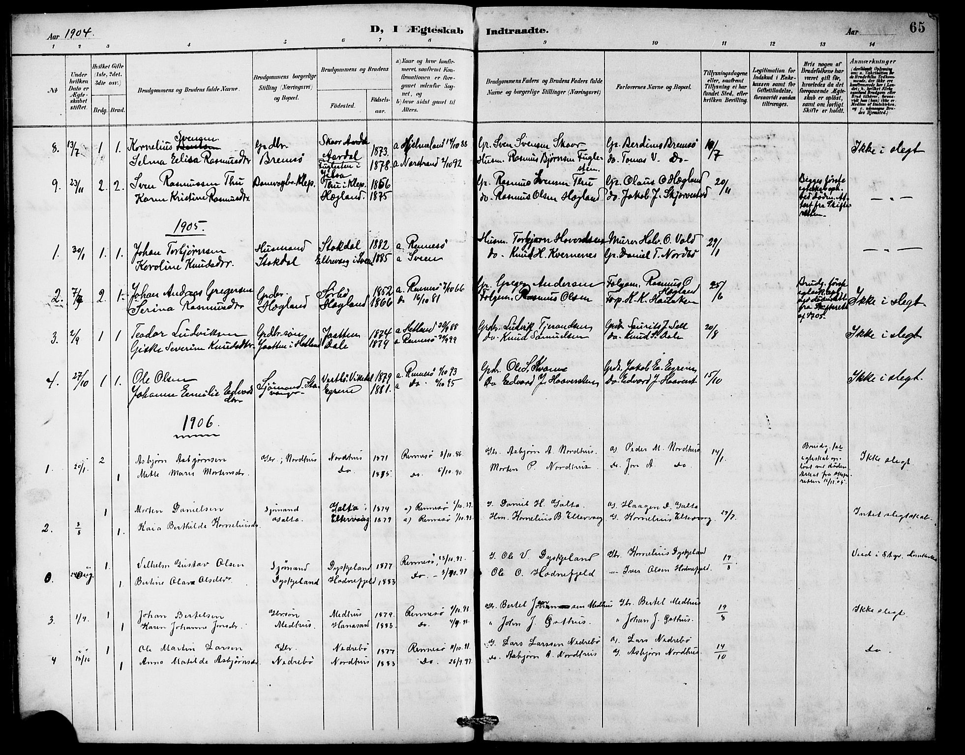 Rennesøy sokneprestkontor, SAST/A -101827/H/Ha/Hab/L0010: Klokkerbok nr. B 9, 1890-1918, s. 65