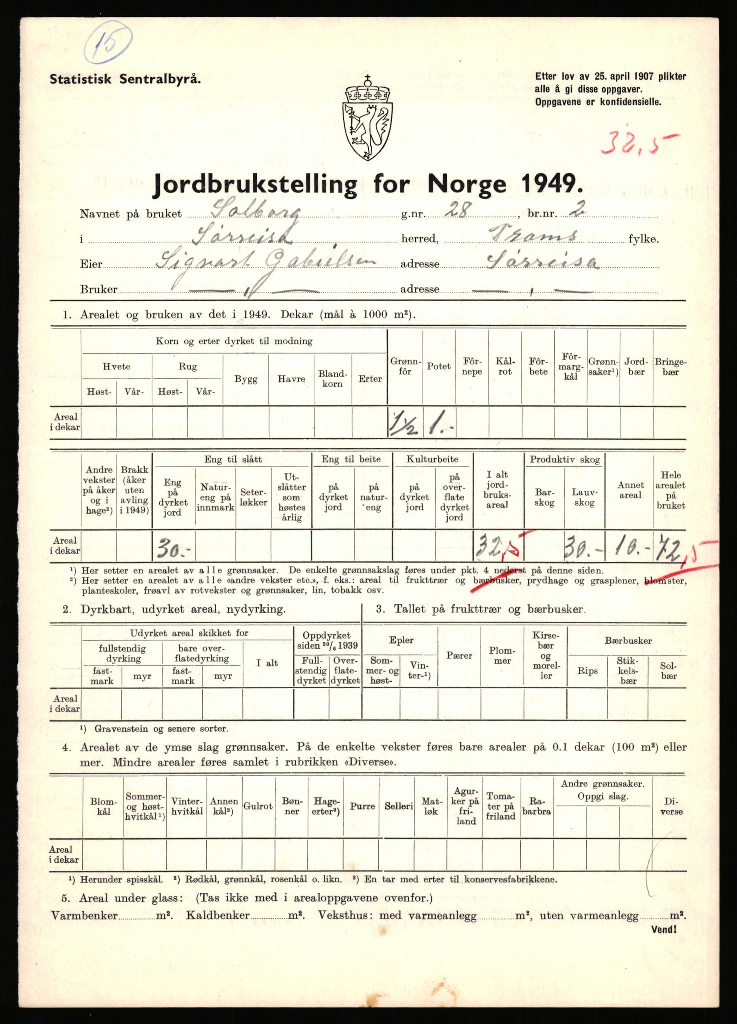 Statistisk sentralbyrå, Næringsøkonomiske emner, Jordbruk, skogbruk, jakt, fiske og fangst, AV/RA-S-2234/G/Gc/L0440: Troms: Sørreisa og Dyrøy, 1949, s. 298