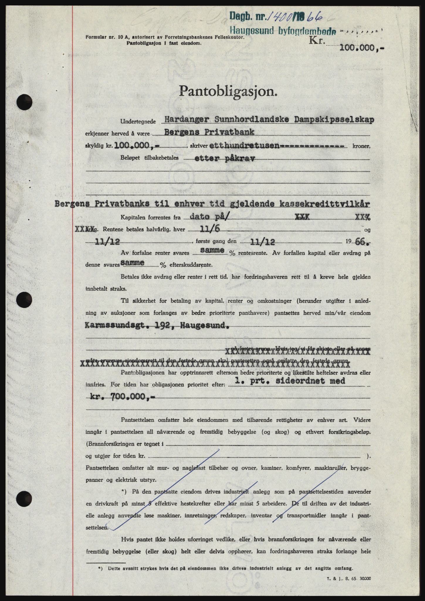 Haugesund tingrett, SAST/A-101415/01/II/IIC/L0055: Pantebok nr. B 55, 1966-1966, Dagboknr: 1400/1966