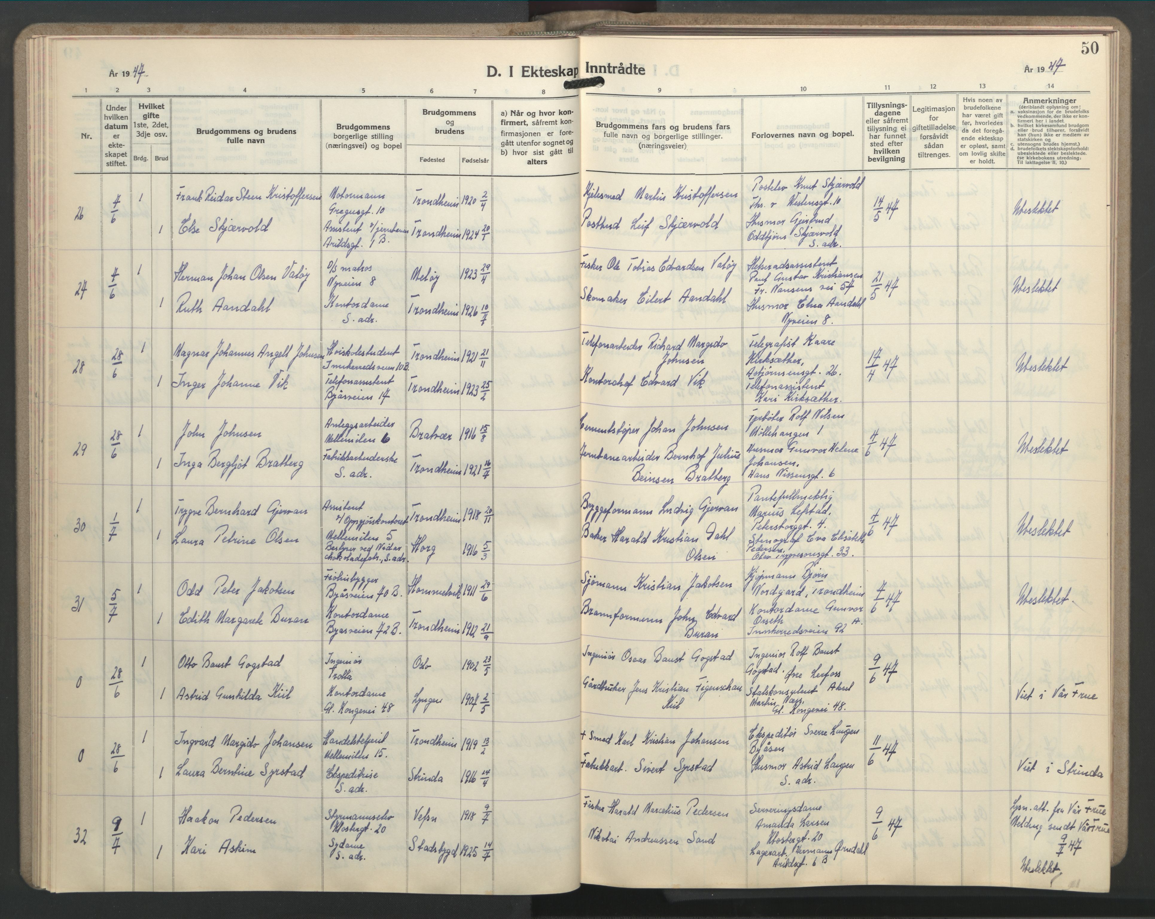 Ministerialprotokoller, klokkerbøker og fødselsregistre - Sør-Trøndelag, AV/SAT-A-1456/603/L0177: Klokkerbok nr. 603C05, 1941-1952, s. 50