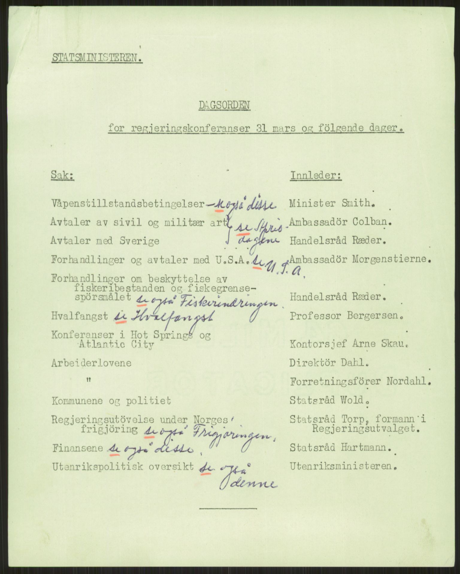 Undersøkelseskommisjonen av 1945, AV/RA-S-1566/D/Db/L0023: Regjeringskonferanse - Riksrådsforhandlingene, 1945-1947, s. 5