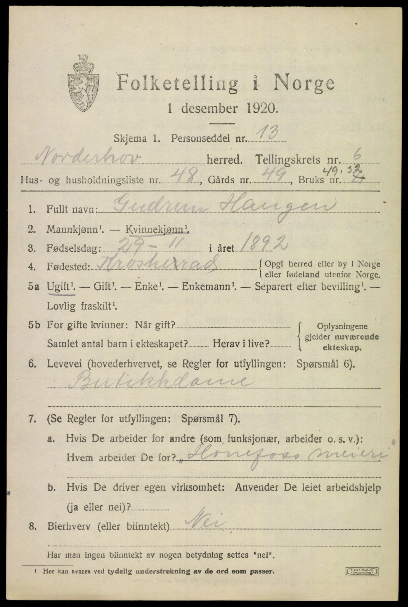 SAKO, Folketelling 1920 for 0613 Norderhov herred, 1920, s. 9165