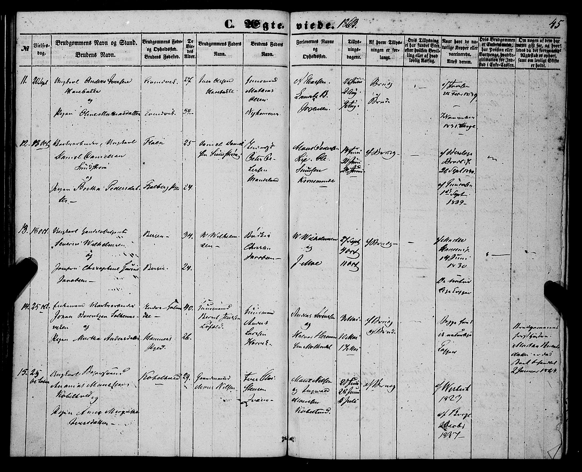 St. Jørgens hospital og Årstad sokneprestembete, AV/SAB-A-99934: Ministerialbok nr. A 9, 1853-1878, s. 45