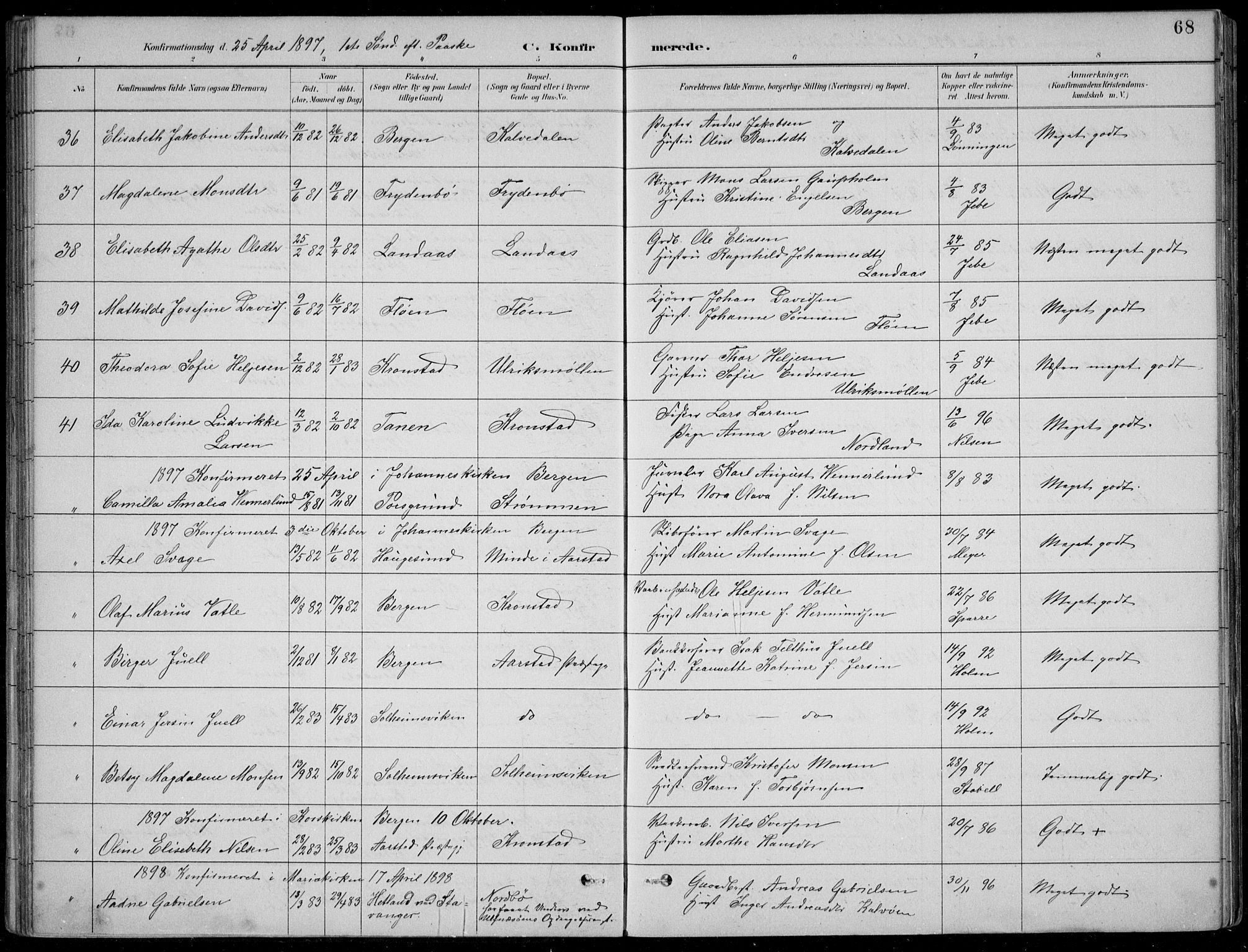 Årstad Sokneprestembete, AV/SAB-A-79301/H/Hab/L0011: Klokkerbok nr. B 1, 1886-1901, s. 68