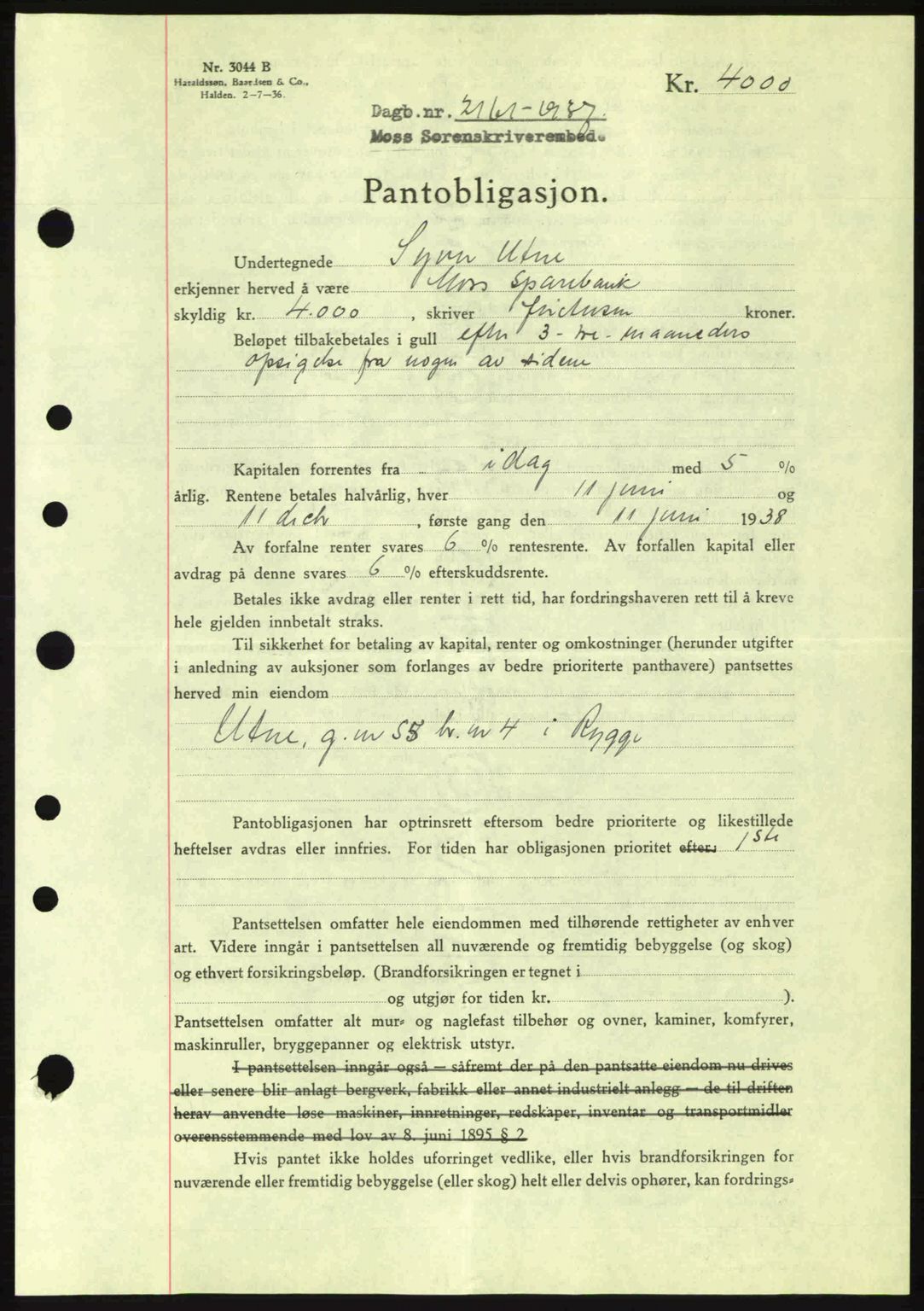 Moss sorenskriveri, SAO/A-10168: Pantebok nr. B4, 1937-1938, Dagboknr: 2161/1937