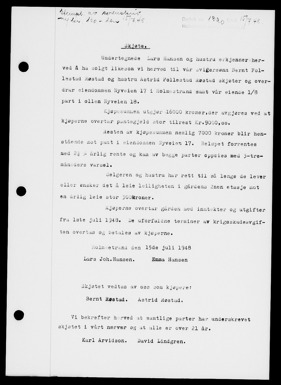 Holmestrand sorenskriveri, SAKO/A-67/G/Ga/Gaa/L0064: Pantebok nr. A-64, 1948-1948, Dagboknr: 1320/1948