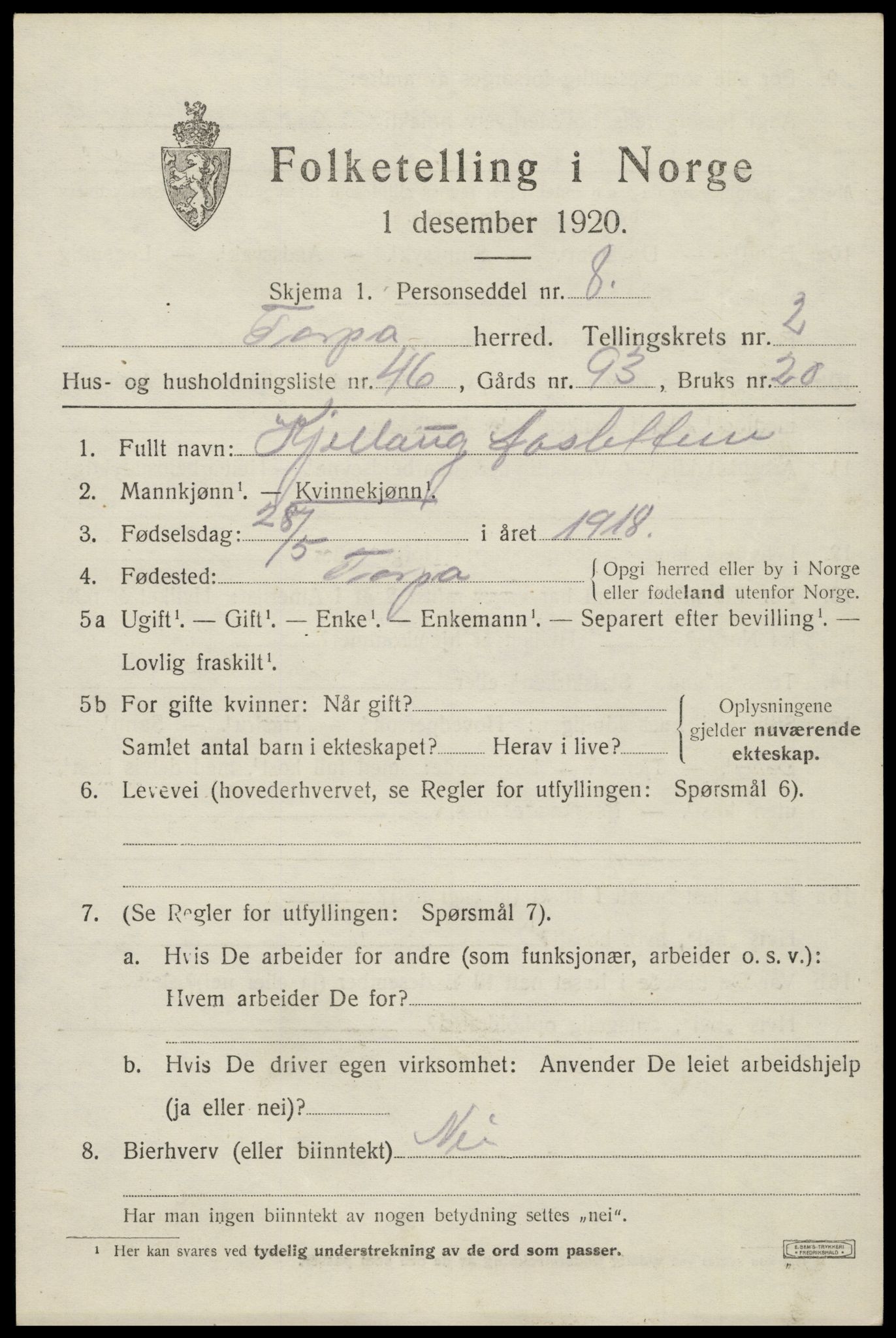 SAH, Folketelling 1920 for 0539 Torpa herred, 1920, s. 2241