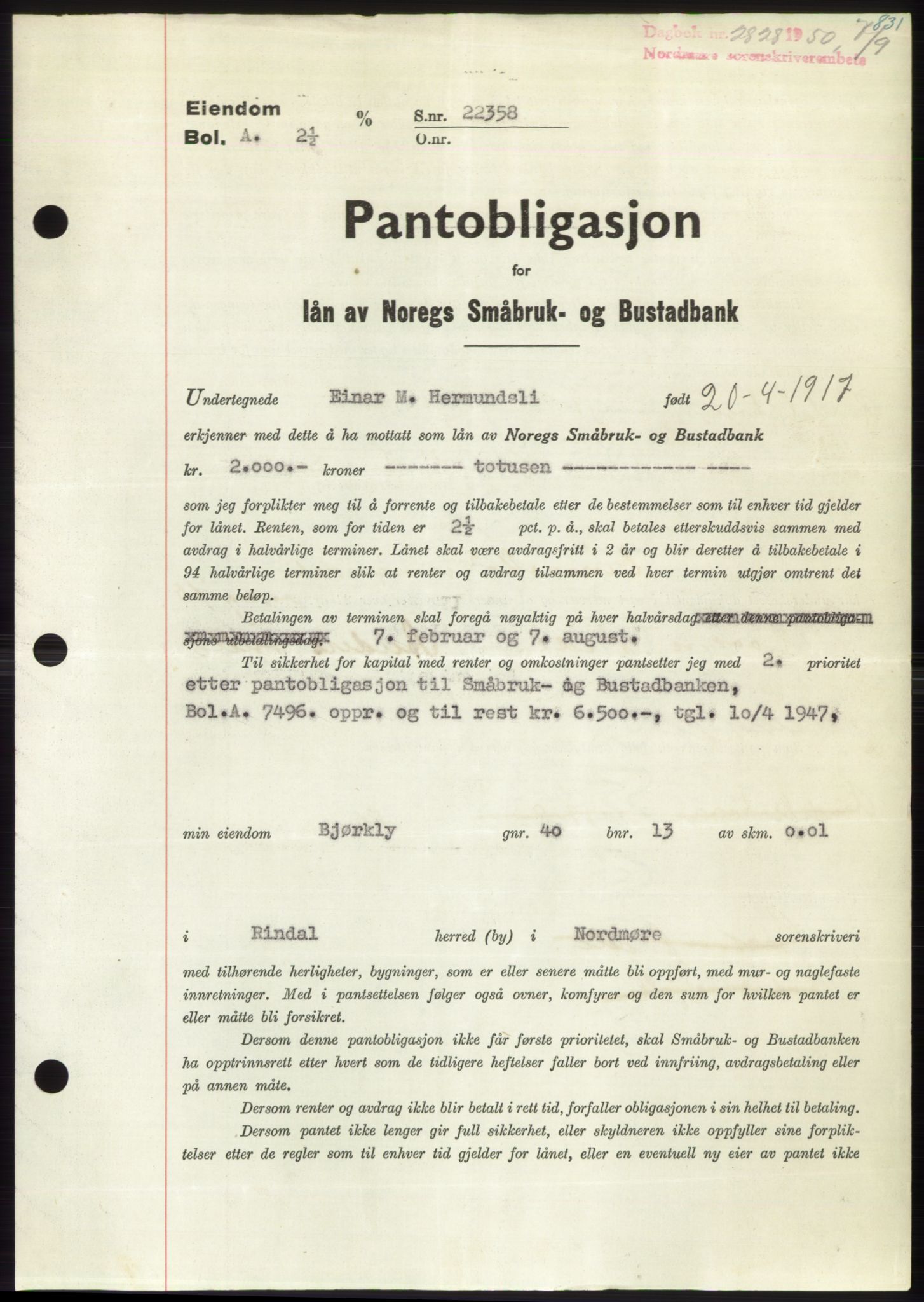 Nordmøre sorenskriveri, AV/SAT-A-4132/1/2/2Ca: Pantebok nr. B105, 1950-1950, Dagboknr: 2828/1950