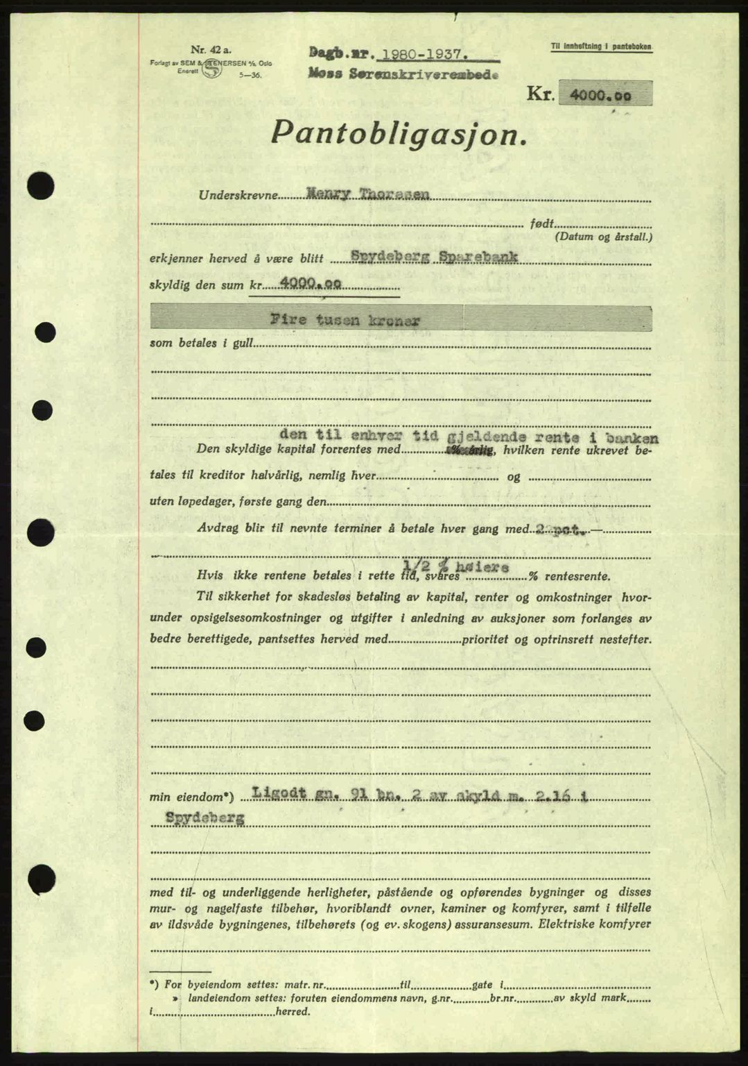 Moss sorenskriveri, SAO/A-10168: Pantebok nr. B4, 1937-1938, Dagboknr: 1980/1937