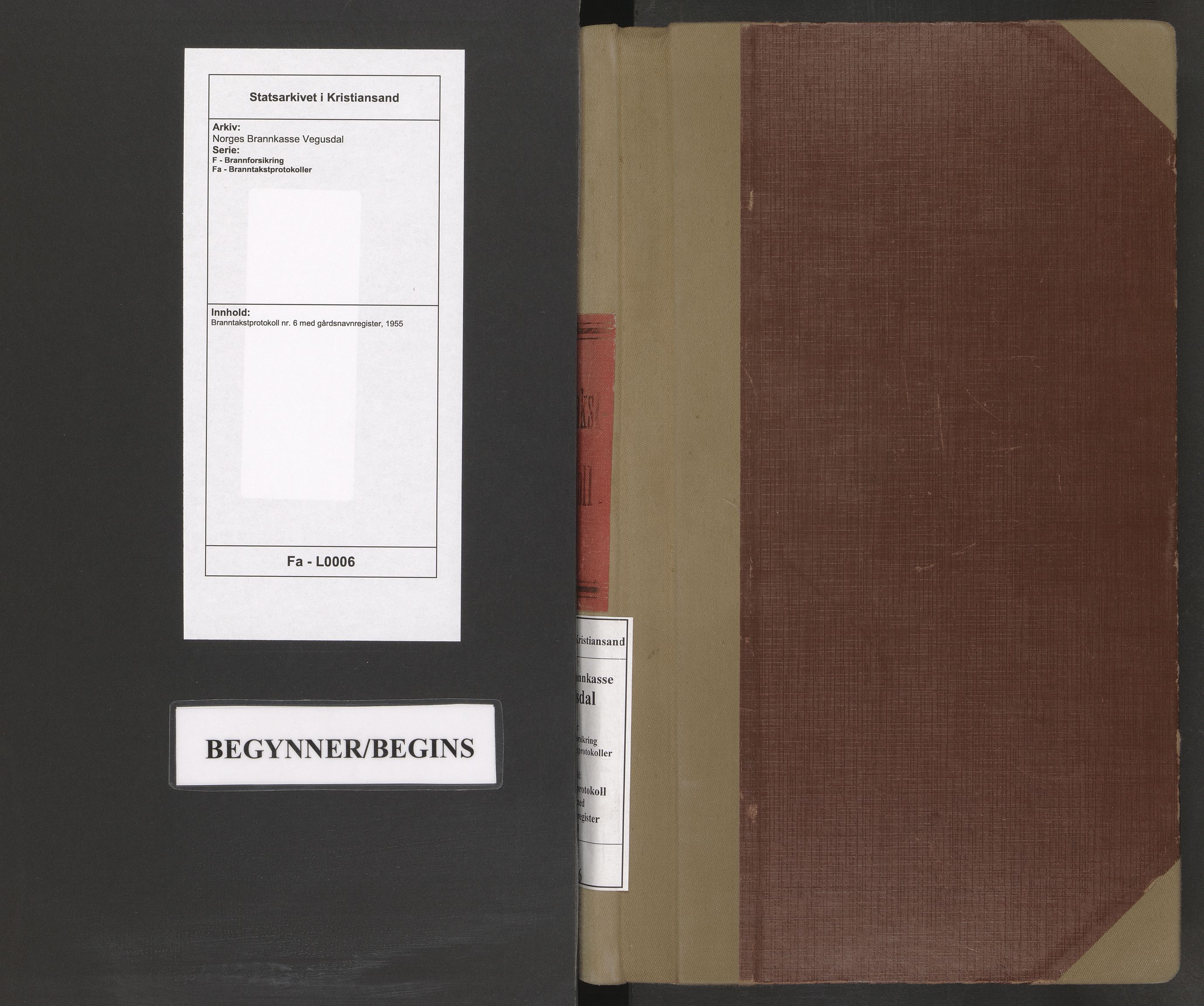 Norges Brannkasse Vegusdal, AV/SAK-2241-0053/F/Fa/L0006: Branntakstprotokoll nr. 6 med gårdsnavnregister, 1955