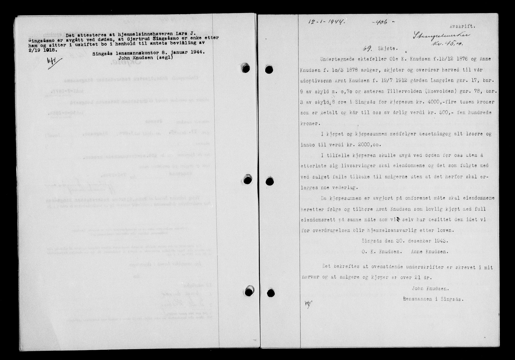 Gauldal sorenskriveri, SAT/A-0014/1/2/2C/L0057: Pantebok nr. 62, 1943-1944, Dagboknr: 69/1944