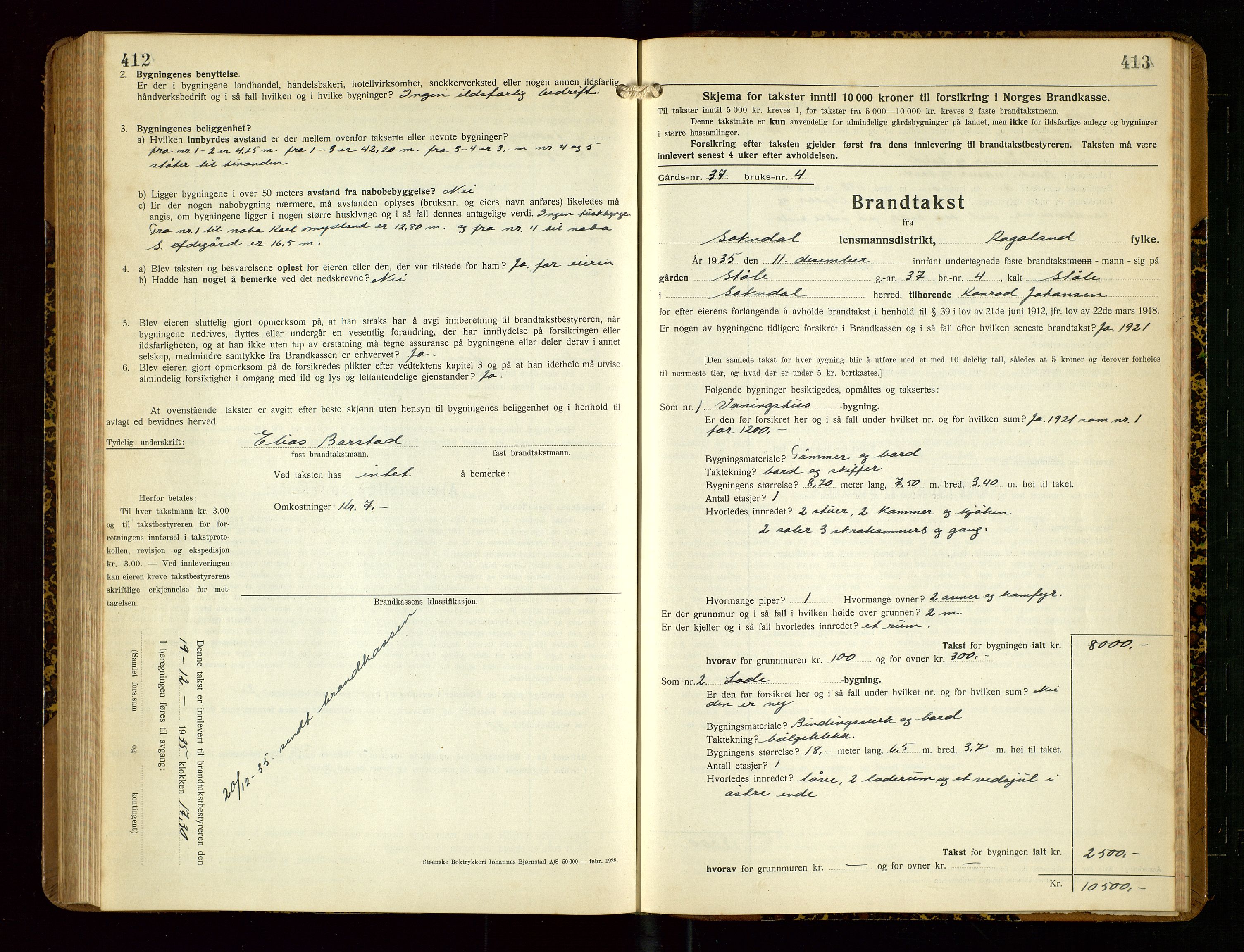 Sokndal lensmannskontor, AV/SAST-A-100417/Gob/L0007: "Brandtakst-Protokoll", 1930-1936, s. 412-413