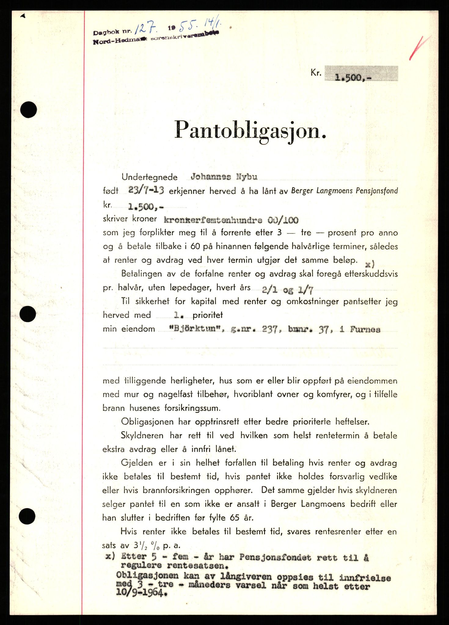 Nord-Hedmark sorenskriveri, SAH/TING-012/H/Hb/Hbf/L0032: Pantebok nr. B32, 1955-1955, Dagboknr: 127/1952