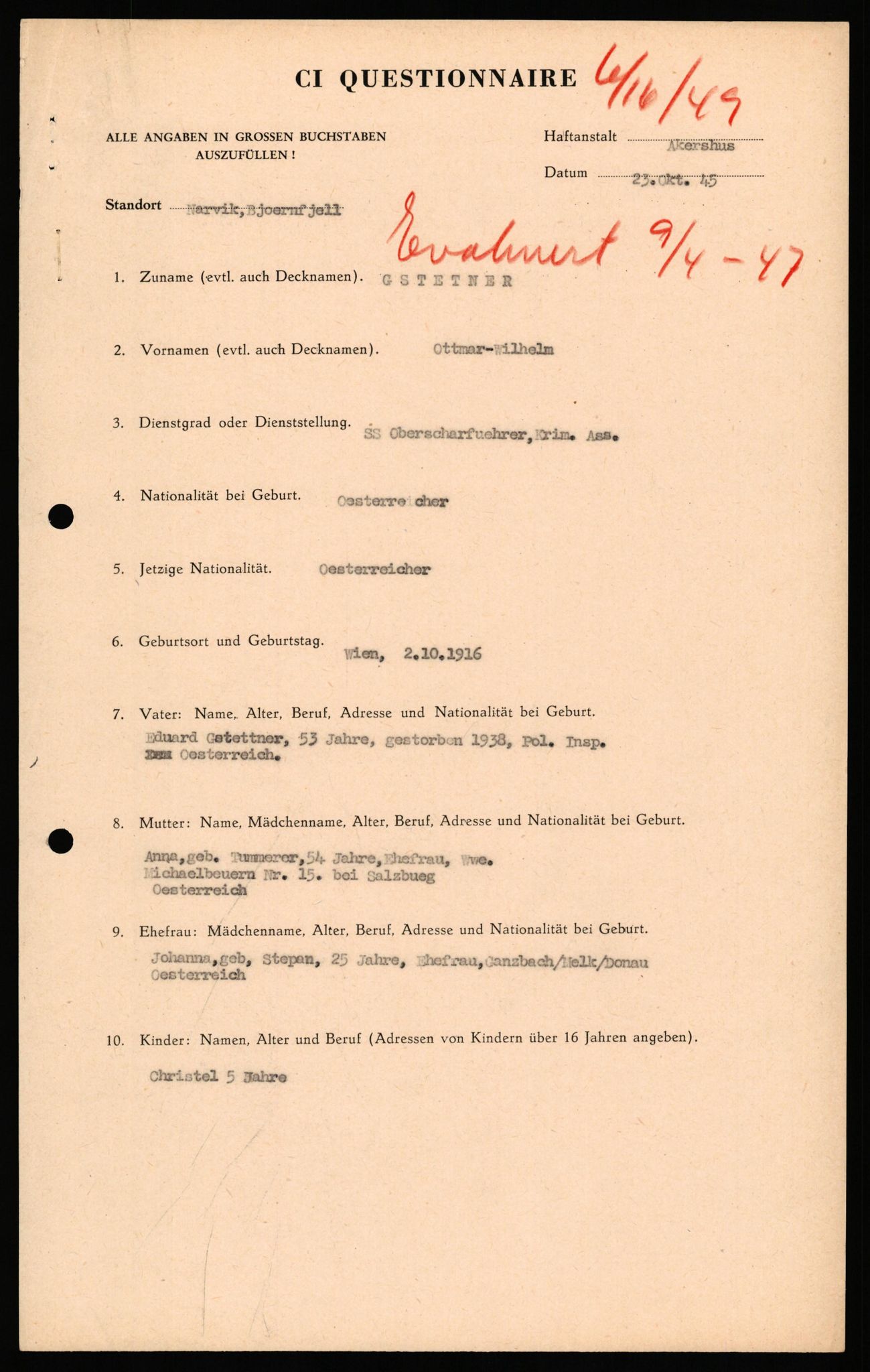 Forsvaret, Forsvarets overkommando II, RA/RAFA-3915/D/Db/L0038: CI Questionaires. Tyske okkupasjonsstyrker i Norge. Østerrikere., 1945-1946, s. 390