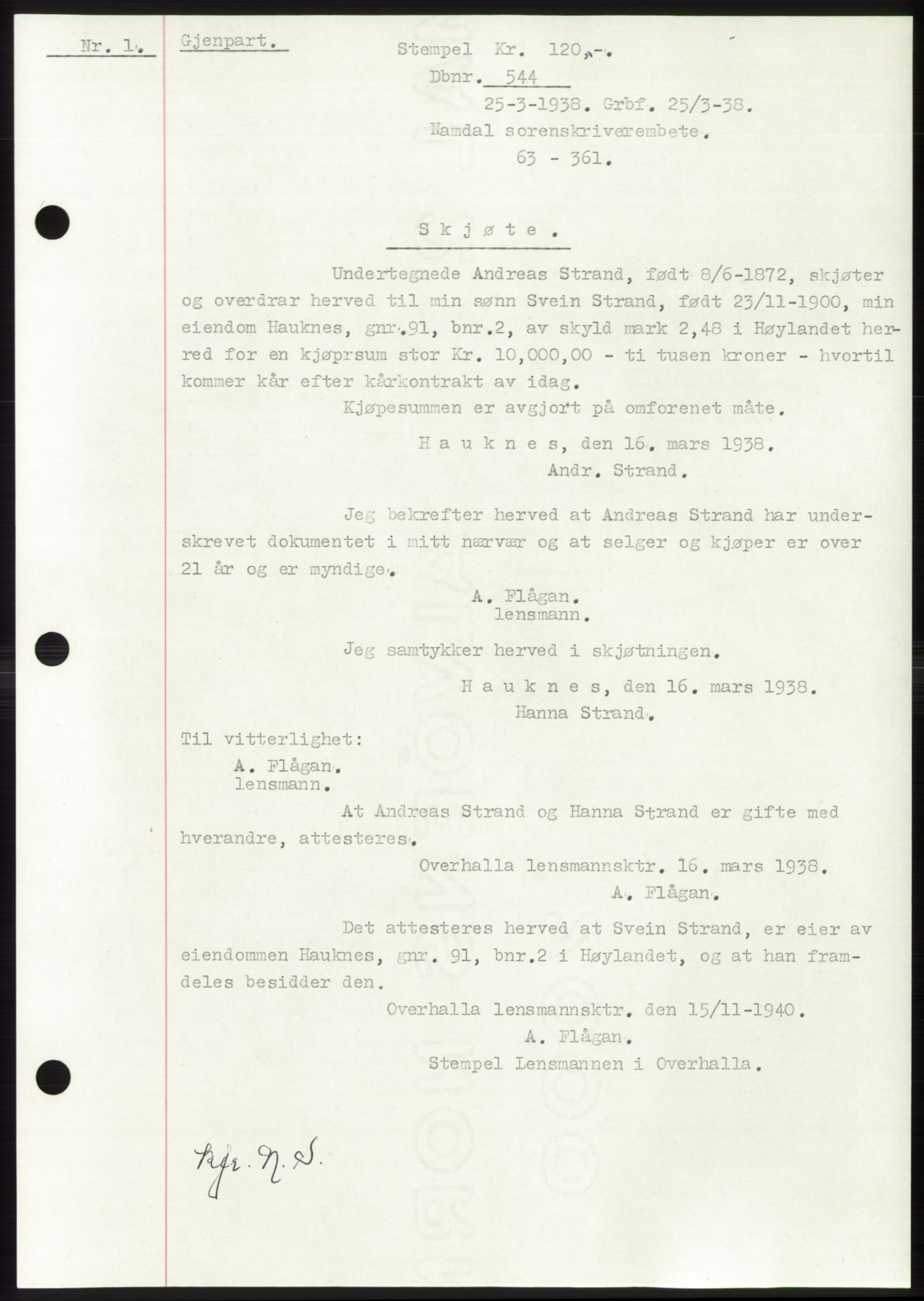 Namdal sorenskriveri, SAT/A-4133/1/2/2C: Pantebok nr. -, 1937-1939, Tingl.dato: 25.03.1938