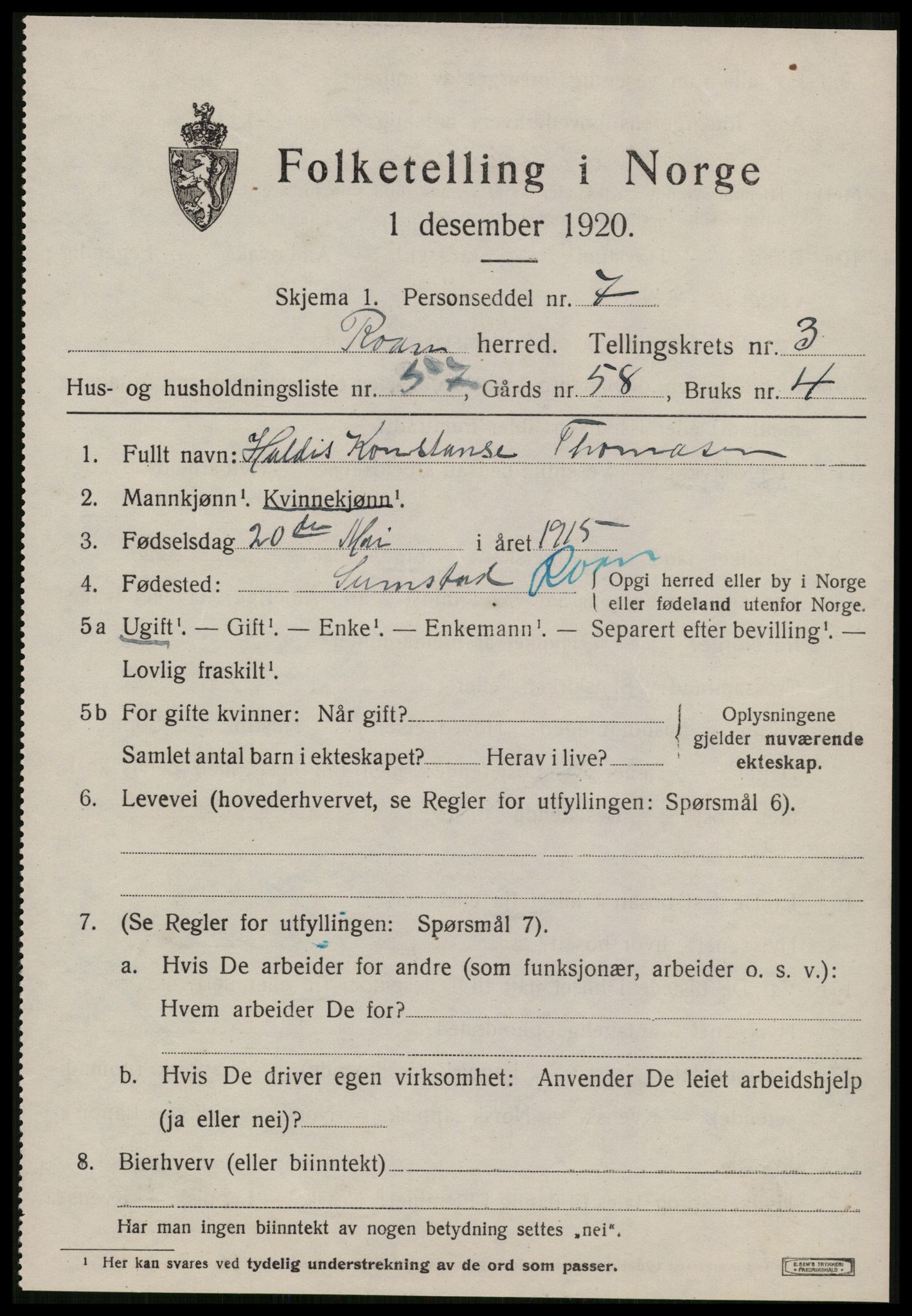 SAT, Folketelling 1920 for 1632 Roan herred, 1920, s. 2939