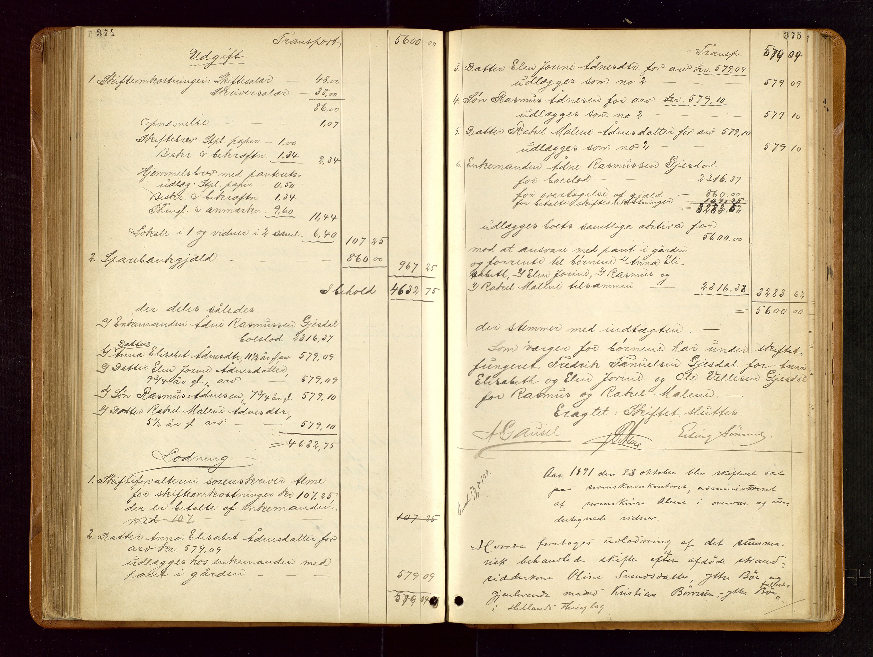 Jæren sorenskriveri, AV/SAST-A-100310/01/5/50/50BB/L0004: SKIFTEUTLODNINGSPROTOKOLL, 1887-1893, s. 374-375