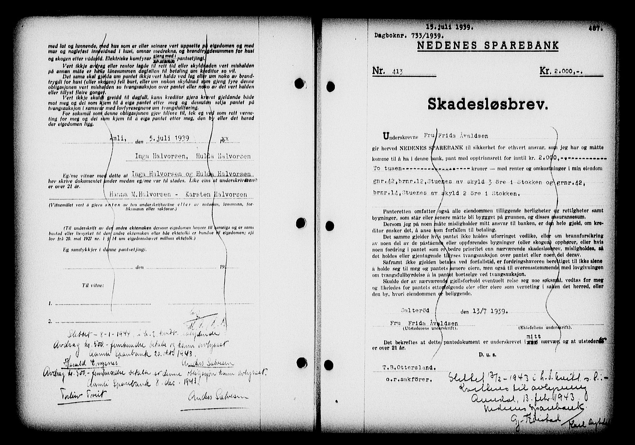 Nedenes sorenskriveri, AV/SAK-1221-0006/G/Gb/Gba/L0046: Pantebok nr. 42, 1938-1939, Dagboknr: 733/1939