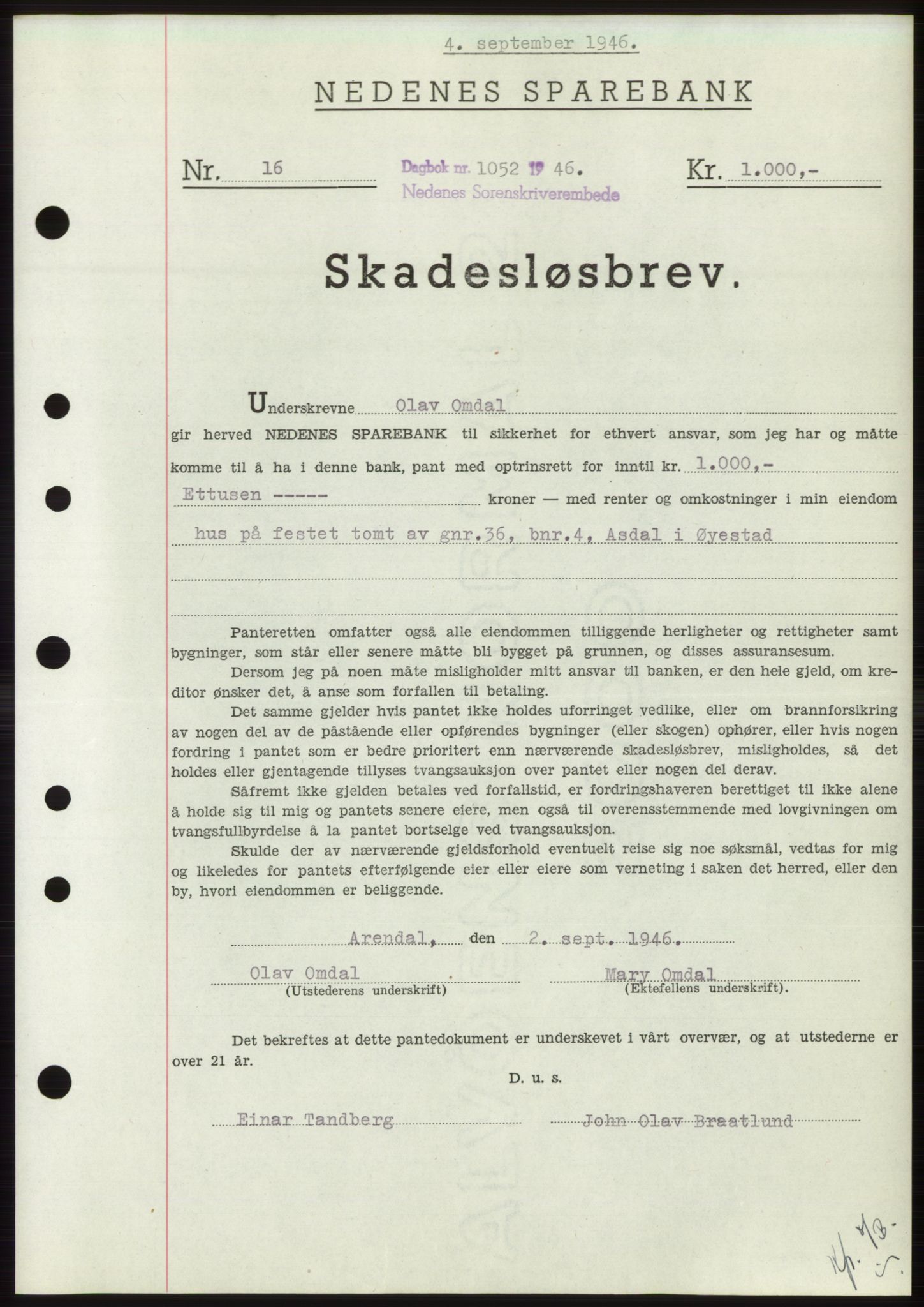 Nedenes sorenskriveri, SAK/1221-0006/G/Gb/Gbb/L0003: Pantebok nr. B3b, 1946-1946, Dagboknr: 1052/1946