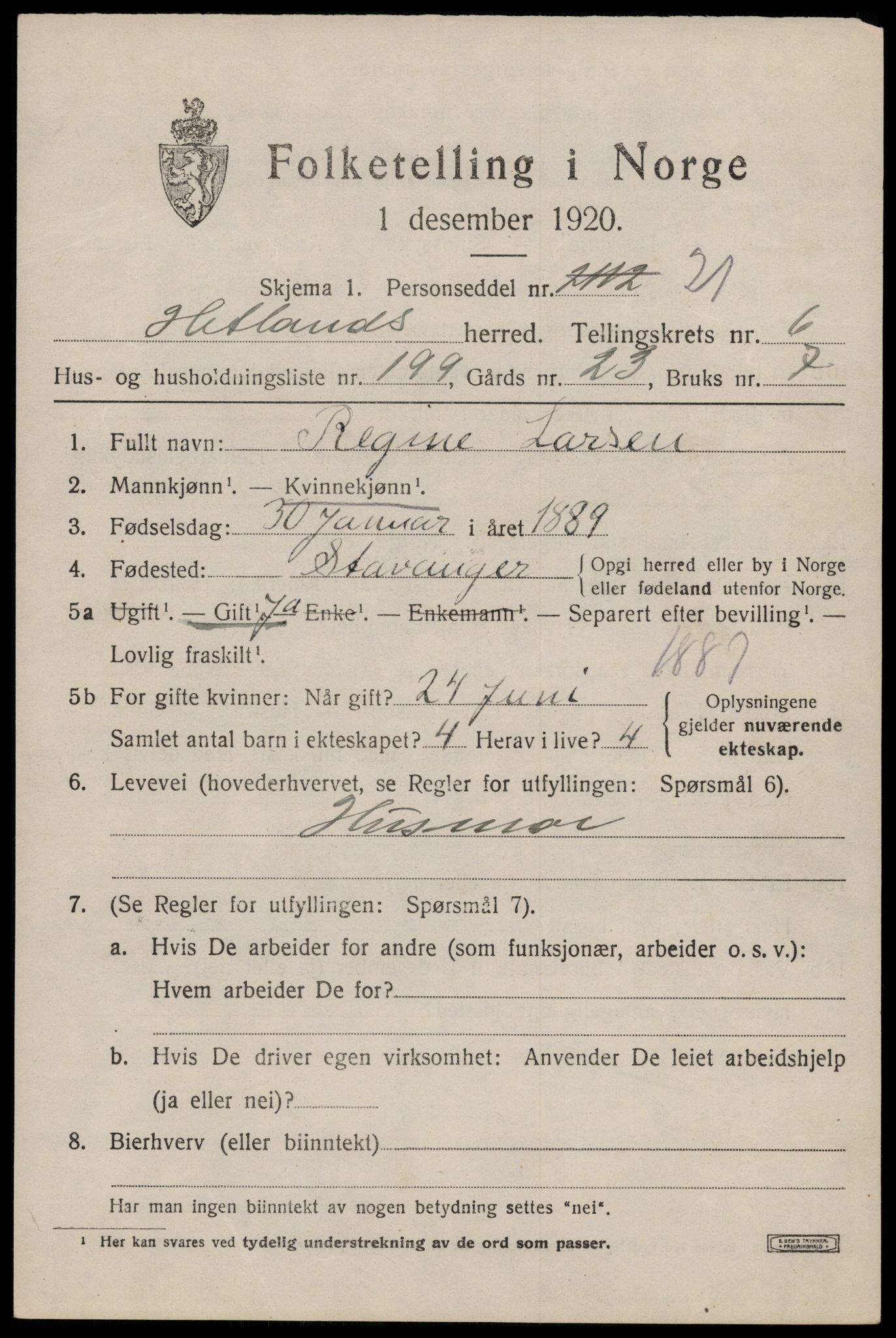 SAST, Folketelling 1920 for 1126 Hetland herred, 1920, s. 13667