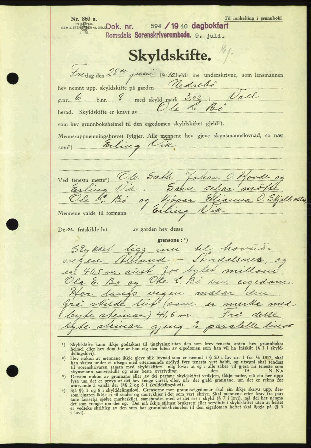 Romsdal sorenskriveri, AV/SAT-A-4149/1/2/2C: Pantebok nr. A8, 1939-1940, Dagboknr: 594/1940