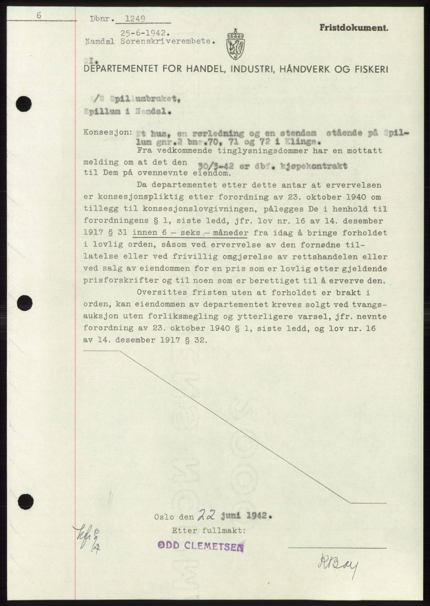 Namdal sorenskriveri, SAT/A-4133/1/2/2C: Pantebok nr. -, 1941-1942, Dagboknr: 1249/1942