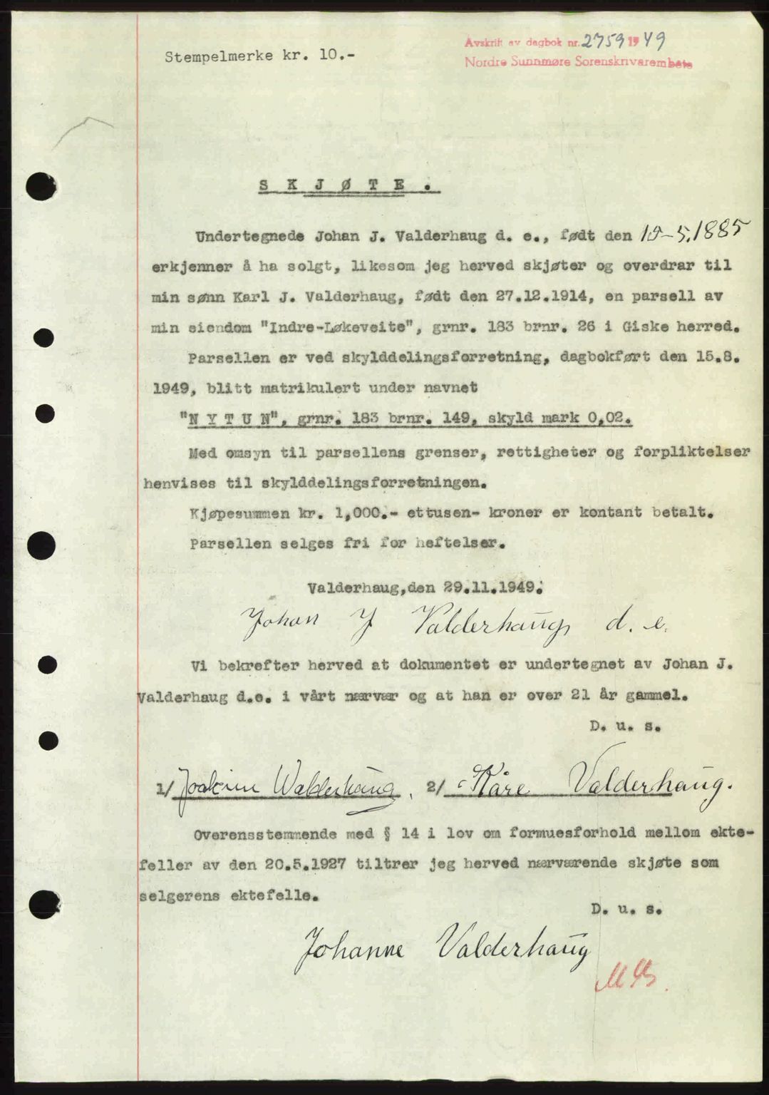 Nordre Sunnmøre sorenskriveri, AV/SAT-A-0006/1/2/2C/2Ca: Pantebok nr. A33, 1949-1950, Dagboknr: 2759/1949