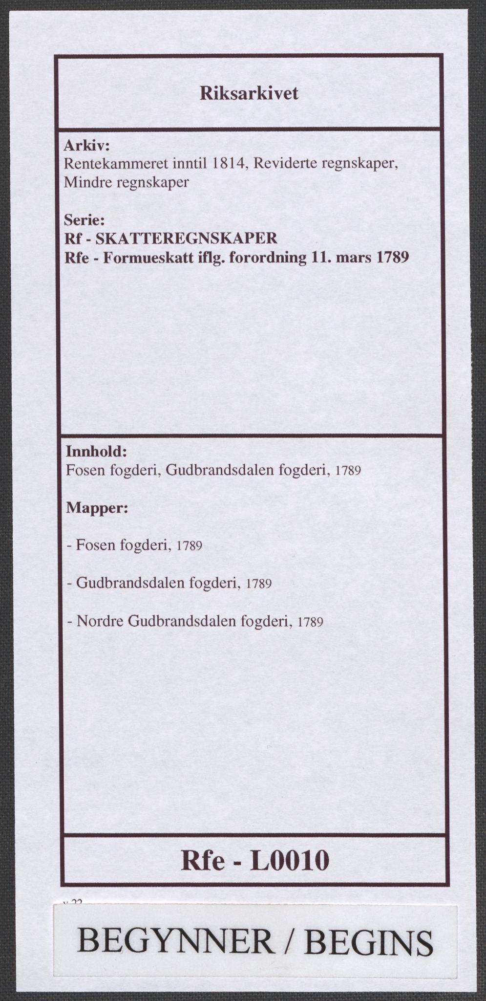 Rentekammeret inntil 1814, Reviderte regnskaper, Mindre regnskaper, RA/EA-4068/Rf/Rfe/L0010: Fosen fogderi, Gudbrandsdalen fogderi, 1789, s. 1