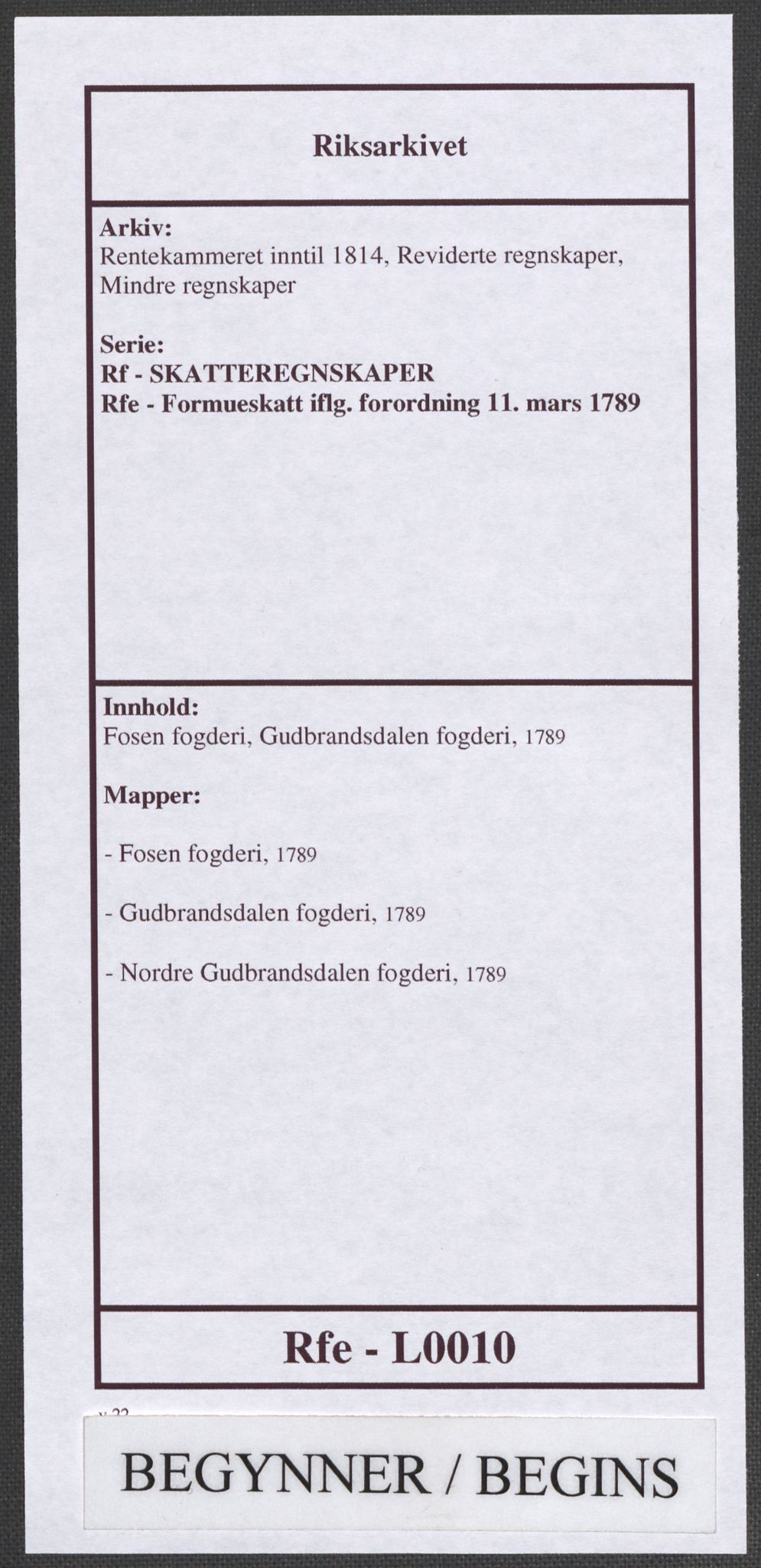 Rentekammeret inntil 1814, Reviderte regnskaper, Mindre regnskaper, AV/RA-EA-4068/Rf/Rfe/L0010: Fosen fogderi, Gudbrandsdalen fogderi, 1789, s. 1