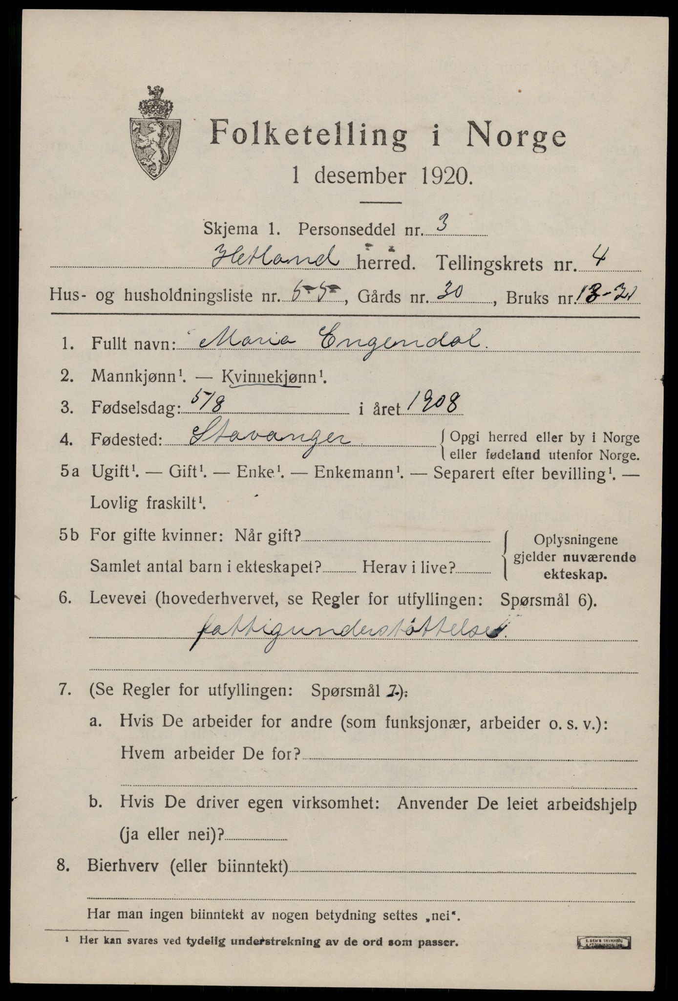 SAST, Folketelling 1920 for 1126 Hetland herred, 1920, s. 6905