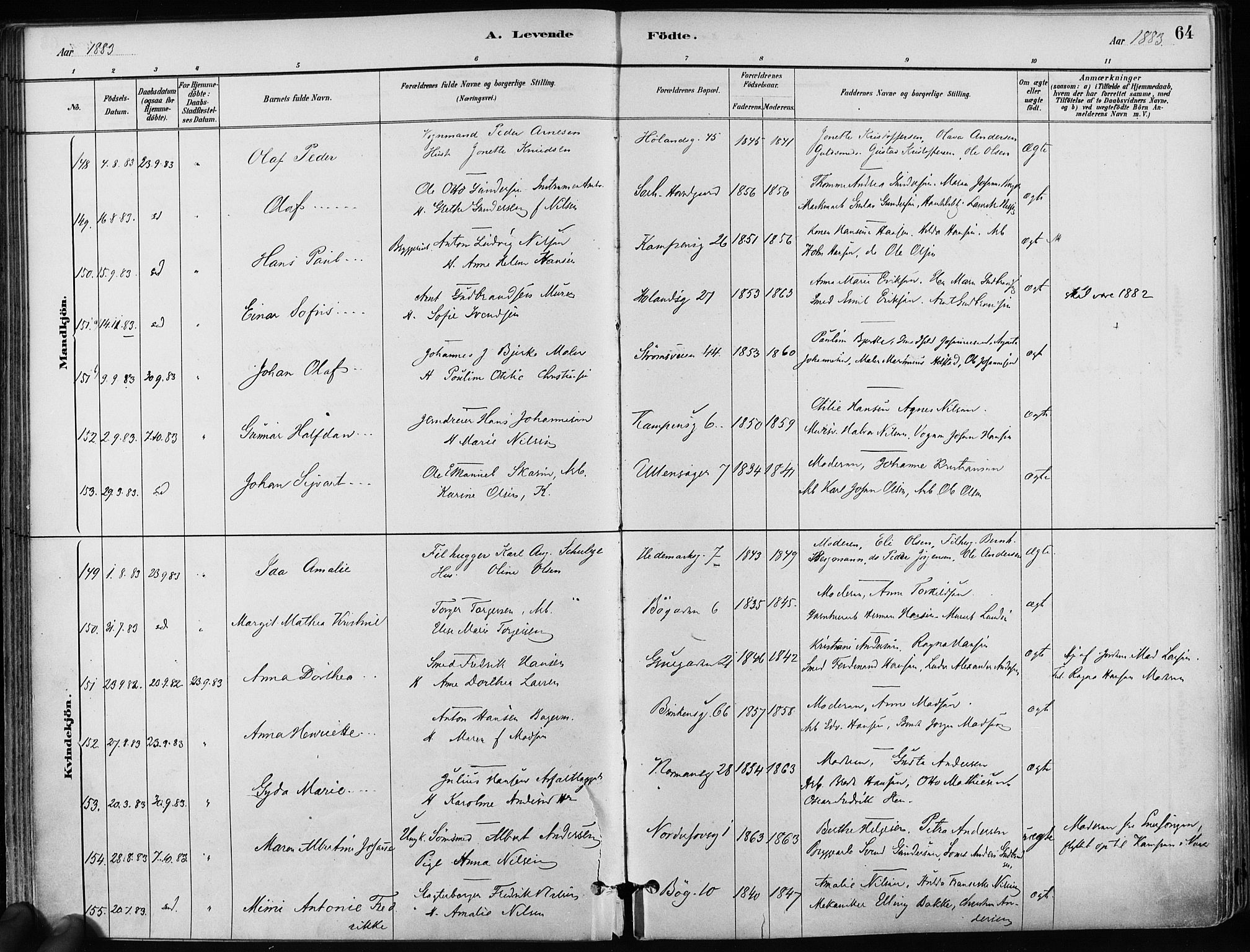 Kampen prestekontor Kirkebøker, SAO/A-10853/F/Fa/L0001: Ministerialbok nr. I 1, 1880-1886, s. 64