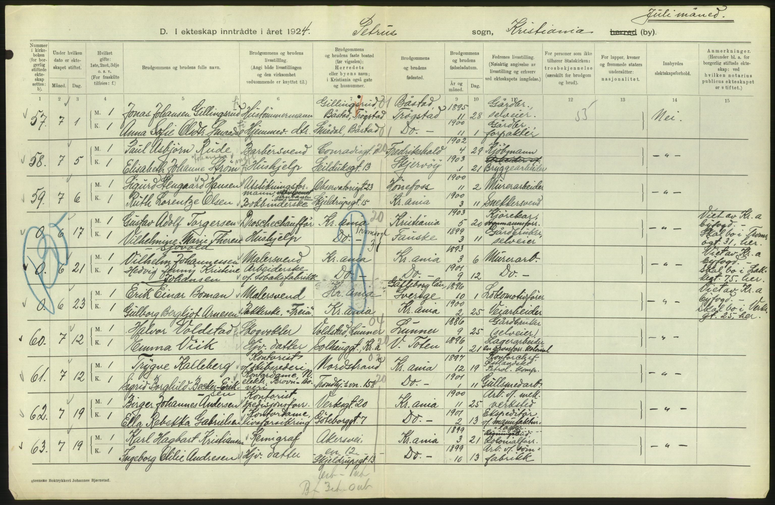 Statistisk sentralbyrå, Sosiodemografiske emner, Befolkning, AV/RA-S-2228/D/Df/Dfc/Dfcd/L0007: Kristiania: Gifte, 1924, s. 418