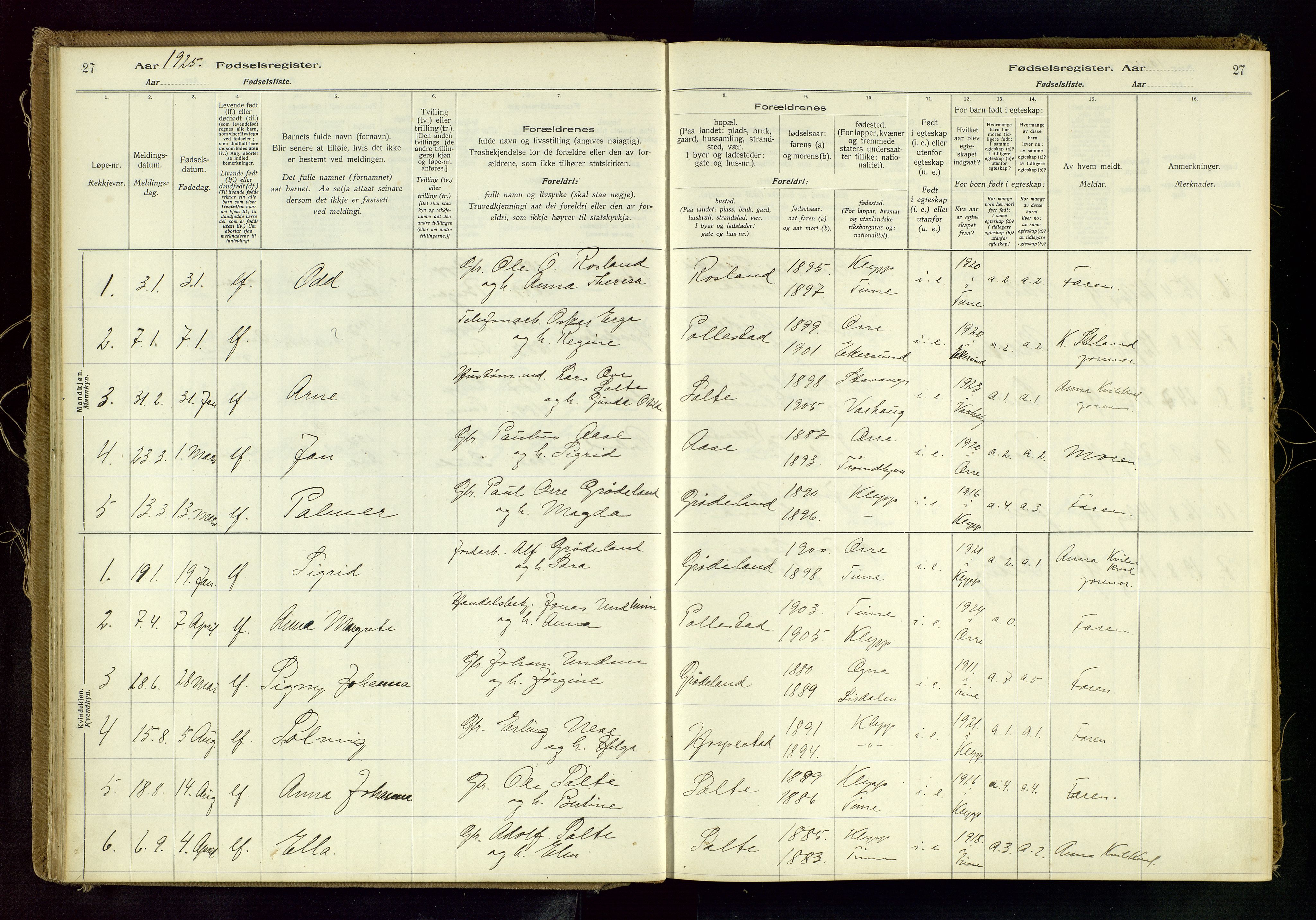 Klepp sokneprestkontor, AV/SAST-A-101803/001/704BAC/L0001: Fødselsregister nr. 1, 1916-1982, s. 27