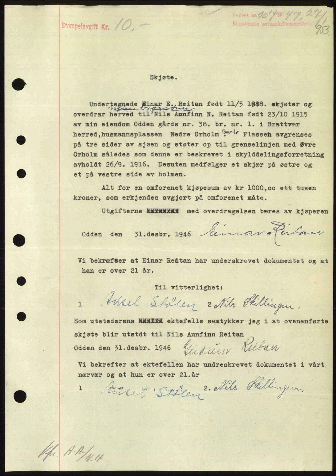 Nordmøre sorenskriveri, AV/SAT-A-4132/1/2/2Ca: Pantebok nr. A103, 1946-1947, Dagboknr: 207/1947