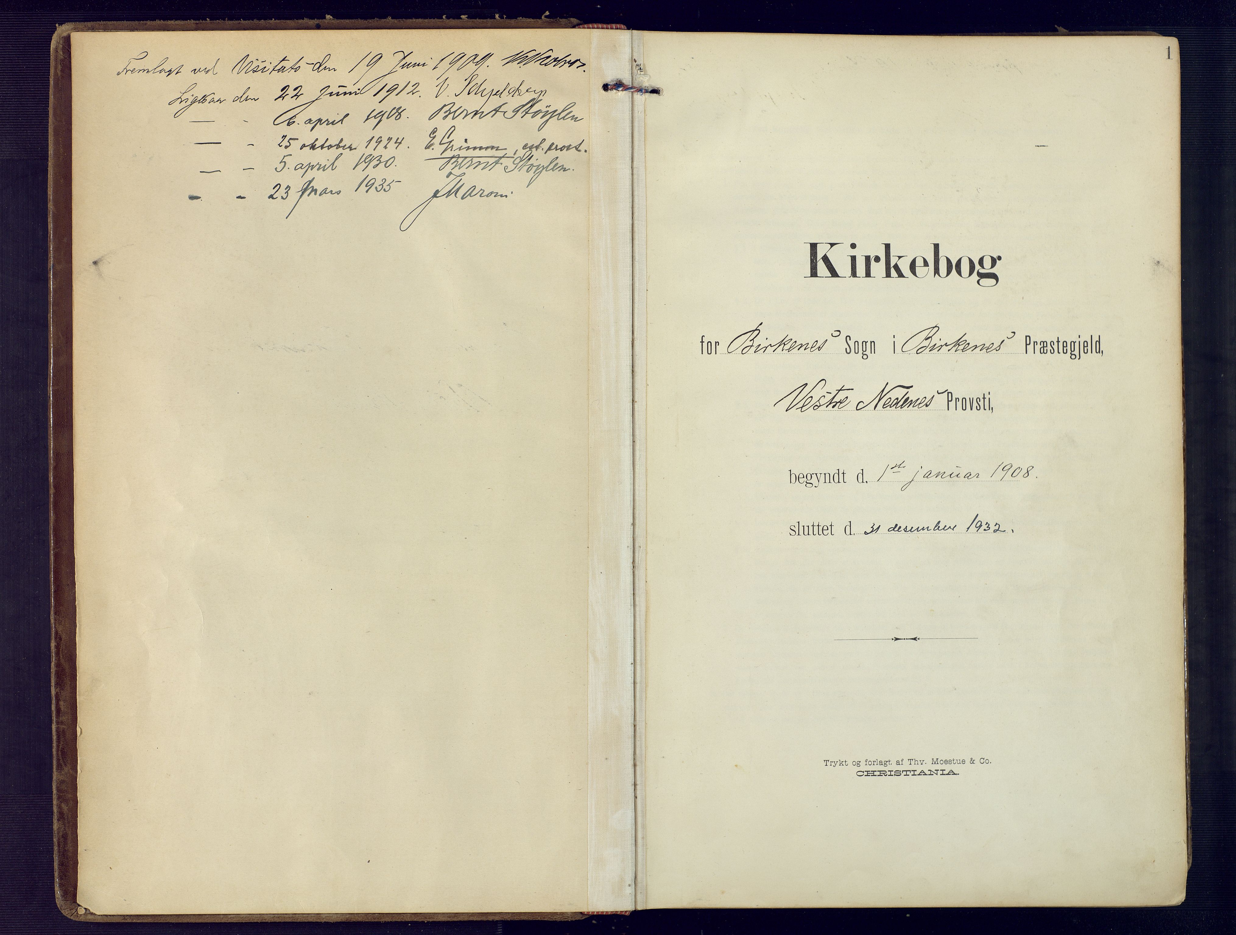 Birkenes sokneprestkontor, SAK/1111-0004/F/Fa/L0006: Ministerialbok nr. A 6, 1908-1932, s. 1