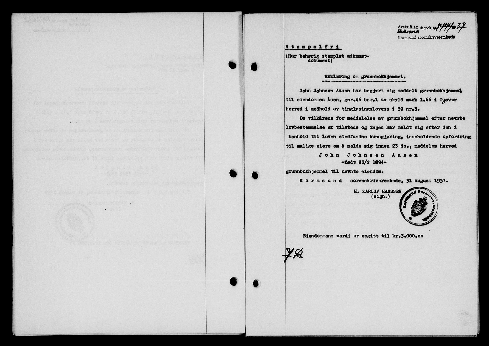 Karmsund sorenskriveri, SAST/A-100311/01/II/IIB/L0068: Pantebok nr. 49A, 1937-1937, Dagboknr: 1444/1937