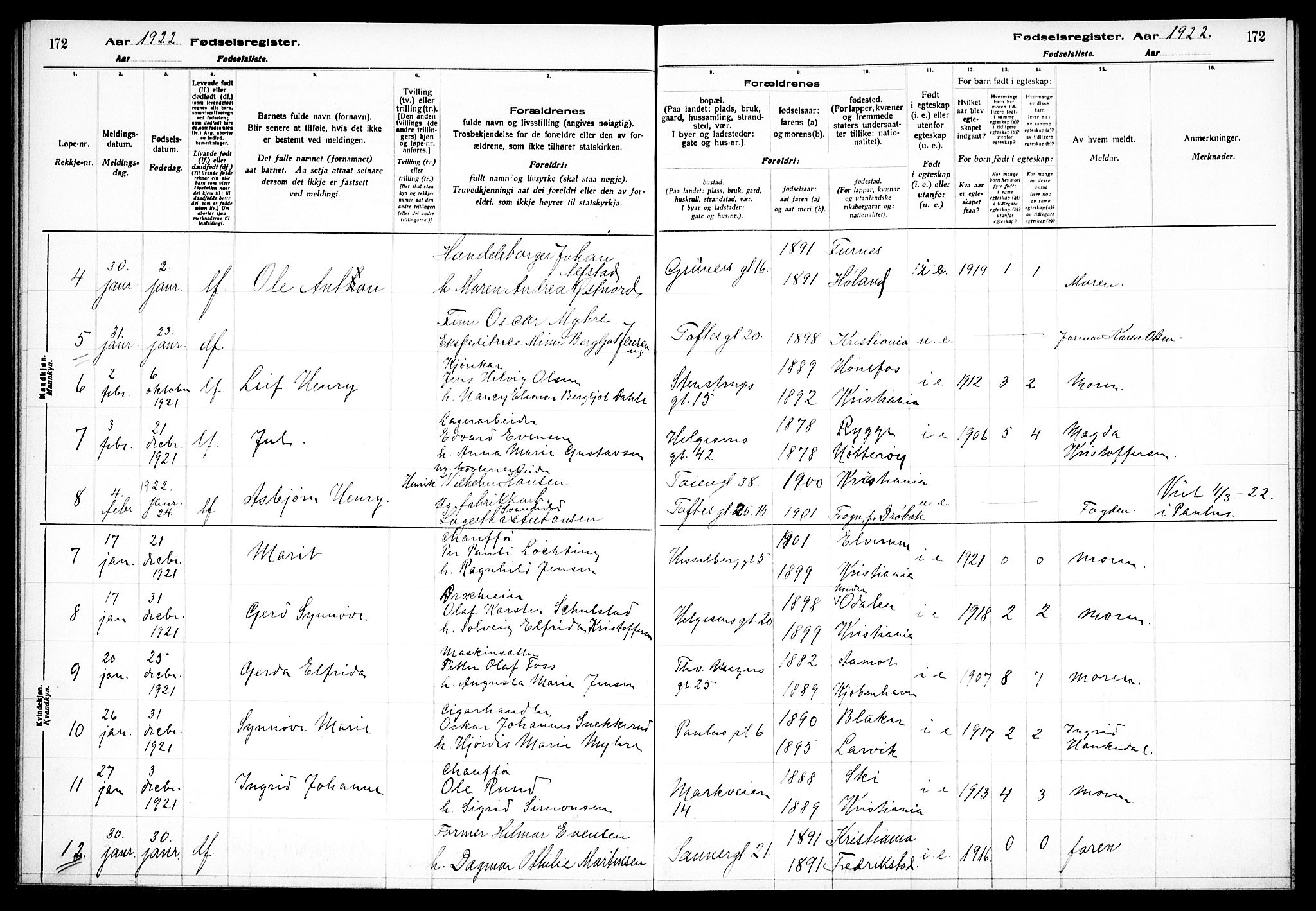 Paulus prestekontor Kirkebøker, AV/SAO-A-10871/J/Ja/L0001: Fødselsregister nr. 1, 1916-1923, s. 172