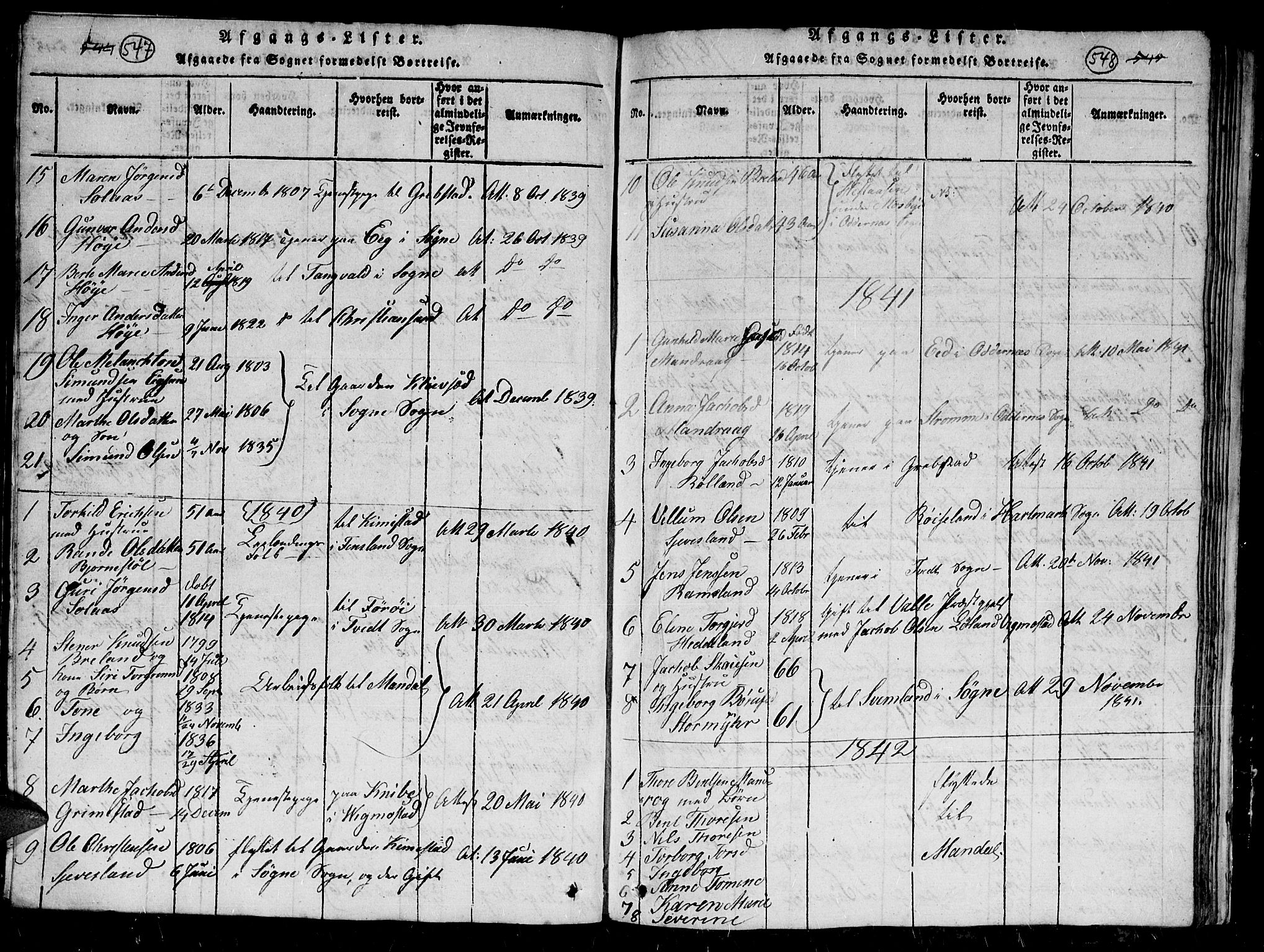 Holum sokneprestkontor, AV/SAK-1111-0022/F/Fb/Fbc/L0001: Klokkerbok nr. B 1, 1820-1859, s. 547-548