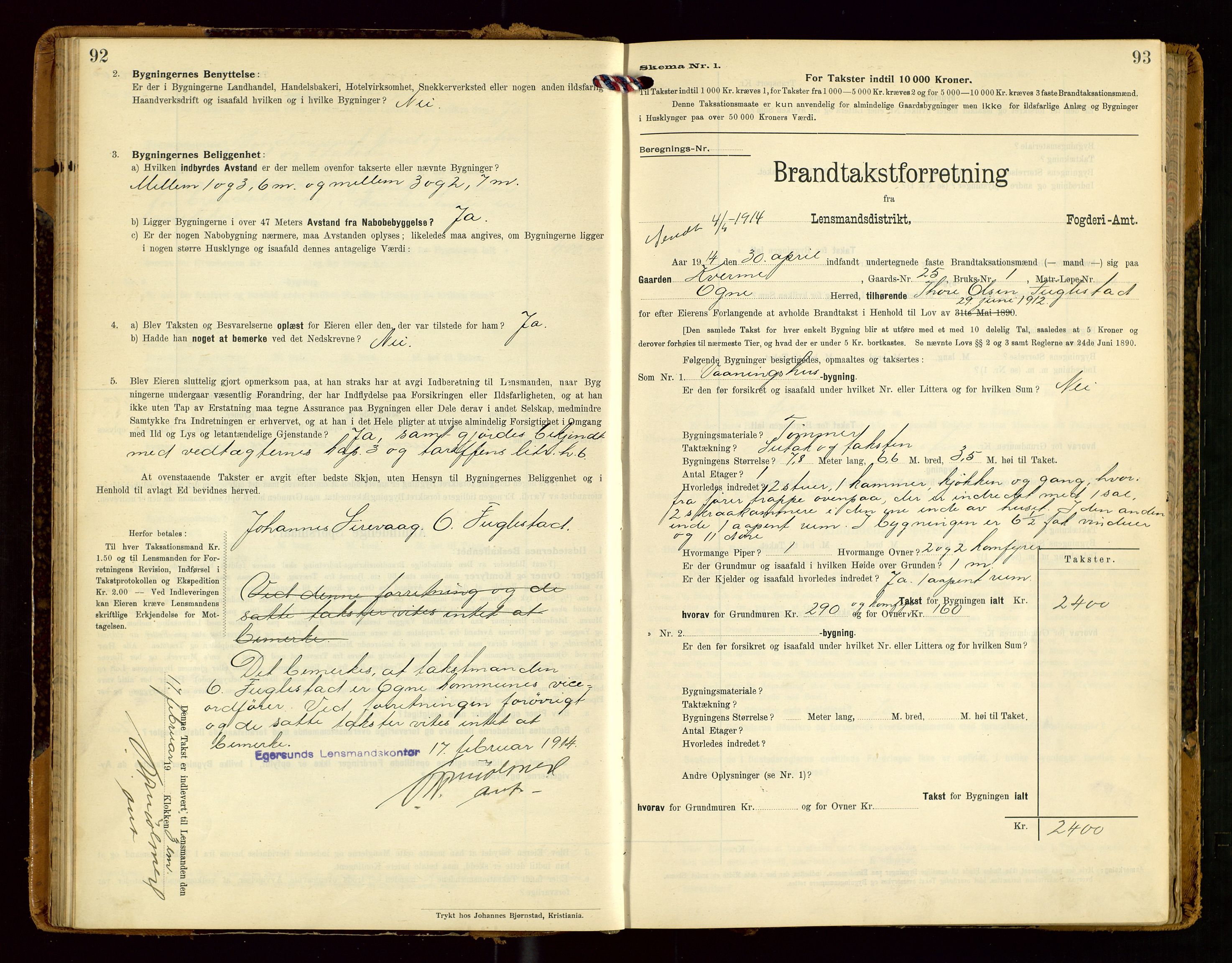 Eigersund lensmannskontor, SAST/A-100171/Gob/L0002: "Brandtakstprotokol", 1910-1916, s. 92-93