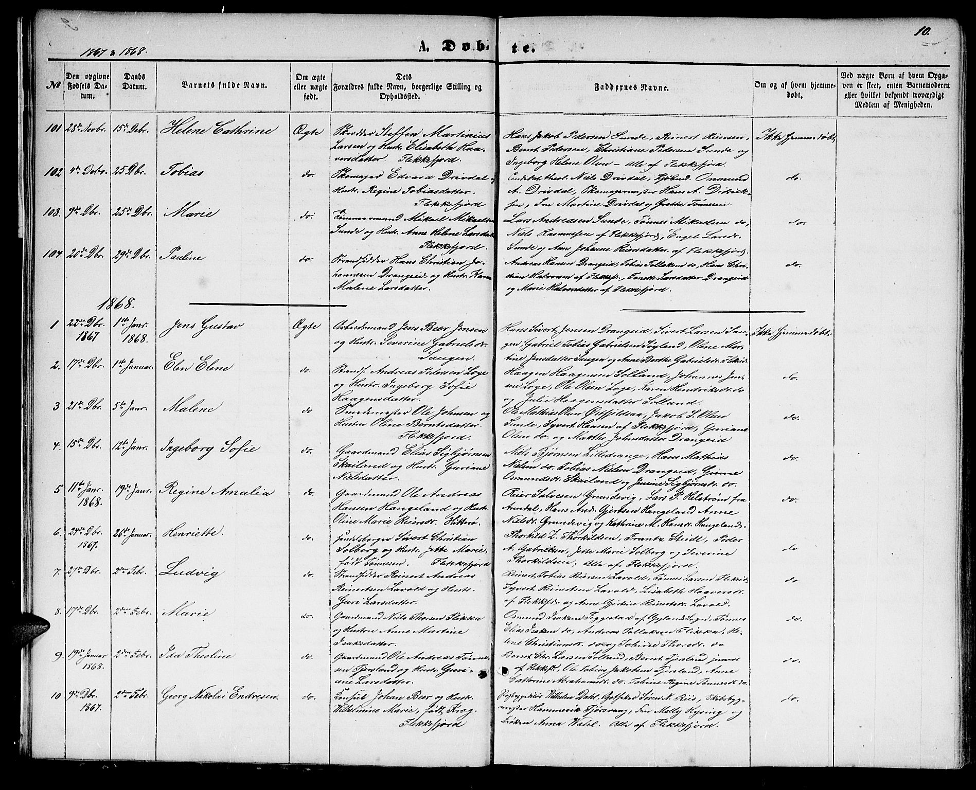 Flekkefjord sokneprestkontor, AV/SAK-1111-0012/F/Fb/Fbc/L0006: Klokkerbok nr. B 6, 1866-1879, s. 10