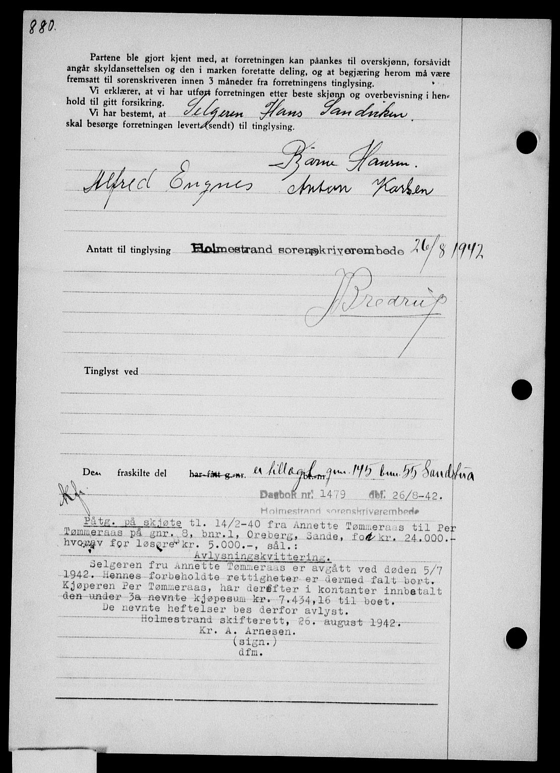 Holmestrand sorenskriveri, SAKO/A-67/G/Ga/Gaa/L0055: Pantebok nr. A-55, 1942-1942, Dagboknr: 1479/1942