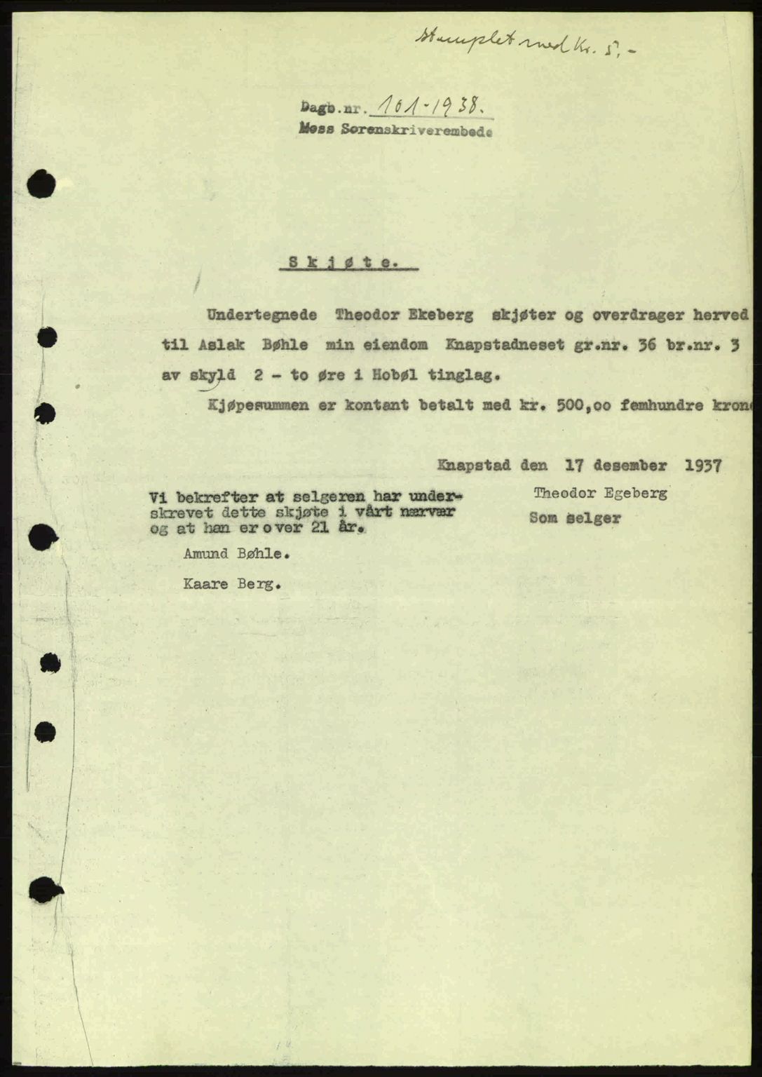 Moss sorenskriveri, SAO/A-10168: Pantebok nr. A3, 1937-1938, Dagboknr: 101/1938