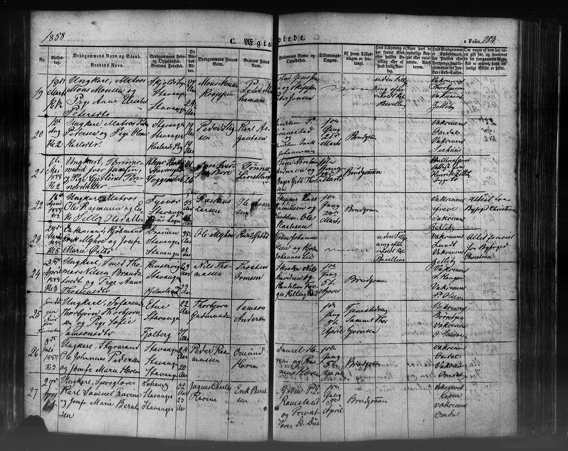 Domkirken sokneprestkontor, AV/SAST-A-101812/001/30/30BB/L0009: Klokkerbok nr. B 9, 1850-1858, s. 284