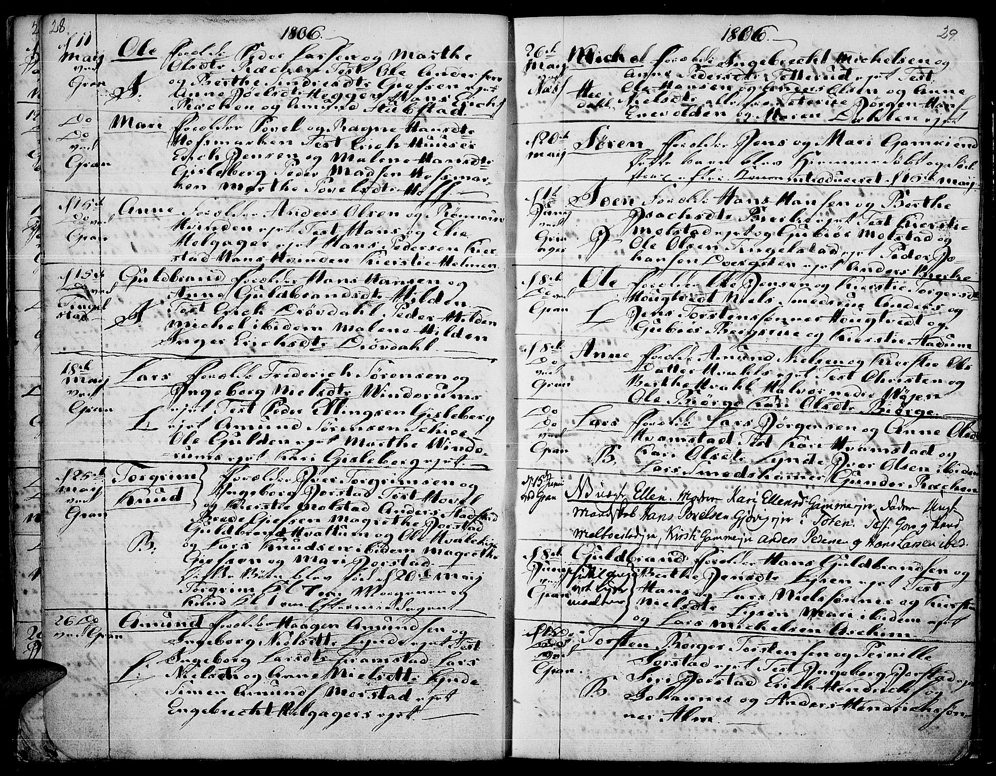 Gran prestekontor, AV/SAH-PREST-112/H/Ha/Haa/L0007: Ministerialbok nr. 7, 1804-1815, s. 28-29