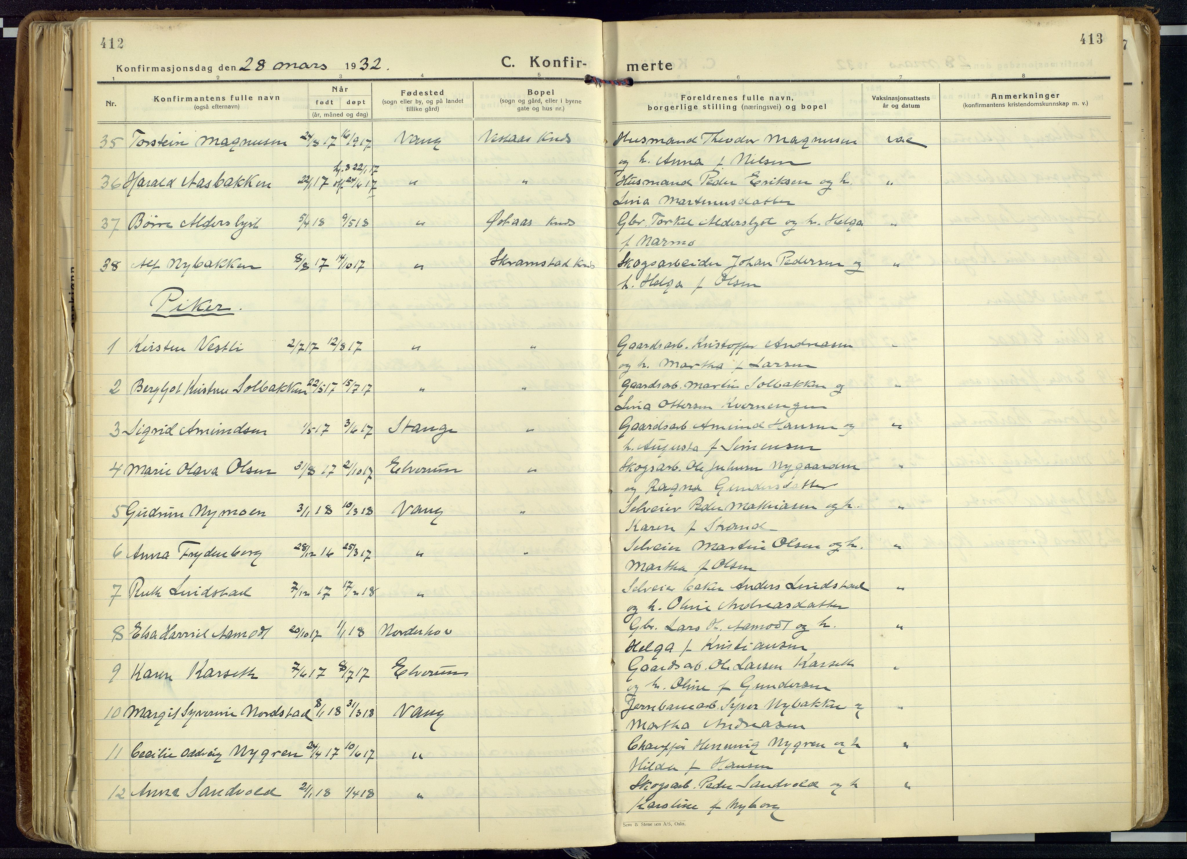 Vang prestekontor, Hedmark, AV/SAH-PREST-008/H/Ha/Haa/L0023: Ministerialbok nr. 23, 1932-1957, s. 412-413