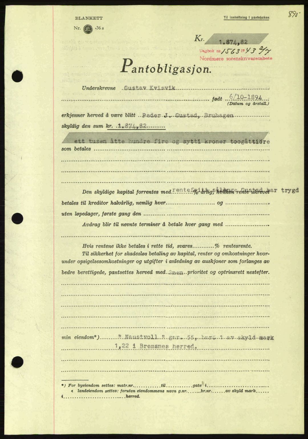 Nordmøre sorenskriveri, SAT/A-4132/1/2/2Ca: Pantebok nr. B90, 1942-1943, Dagboknr: 1563/1943