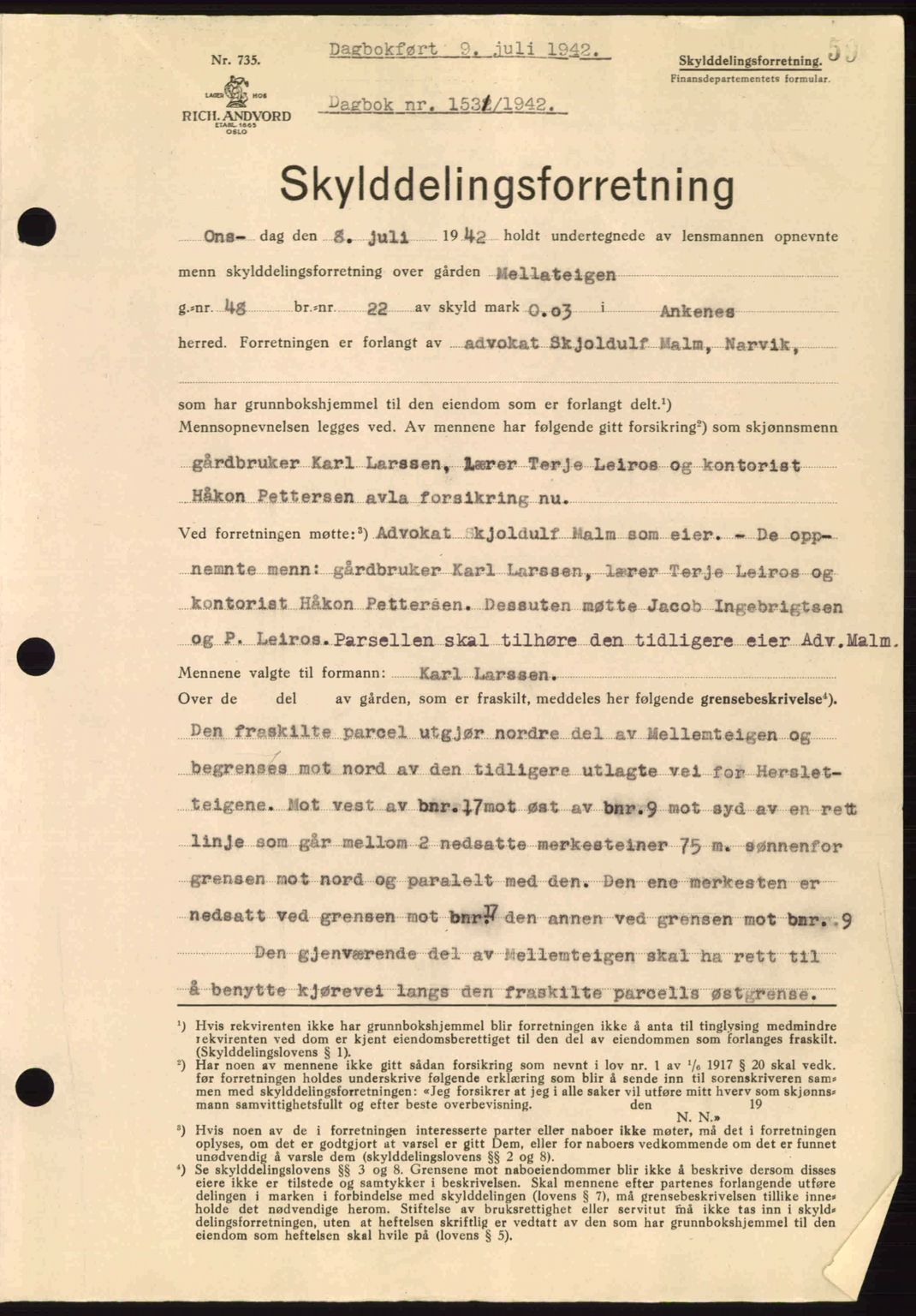 Steigen og Ofoten sorenskriveri, AV/SAT-A-0030/1/2/2C: Pantebok nr. A9-12, 1942-1946, Dagboknr: 1531/1942